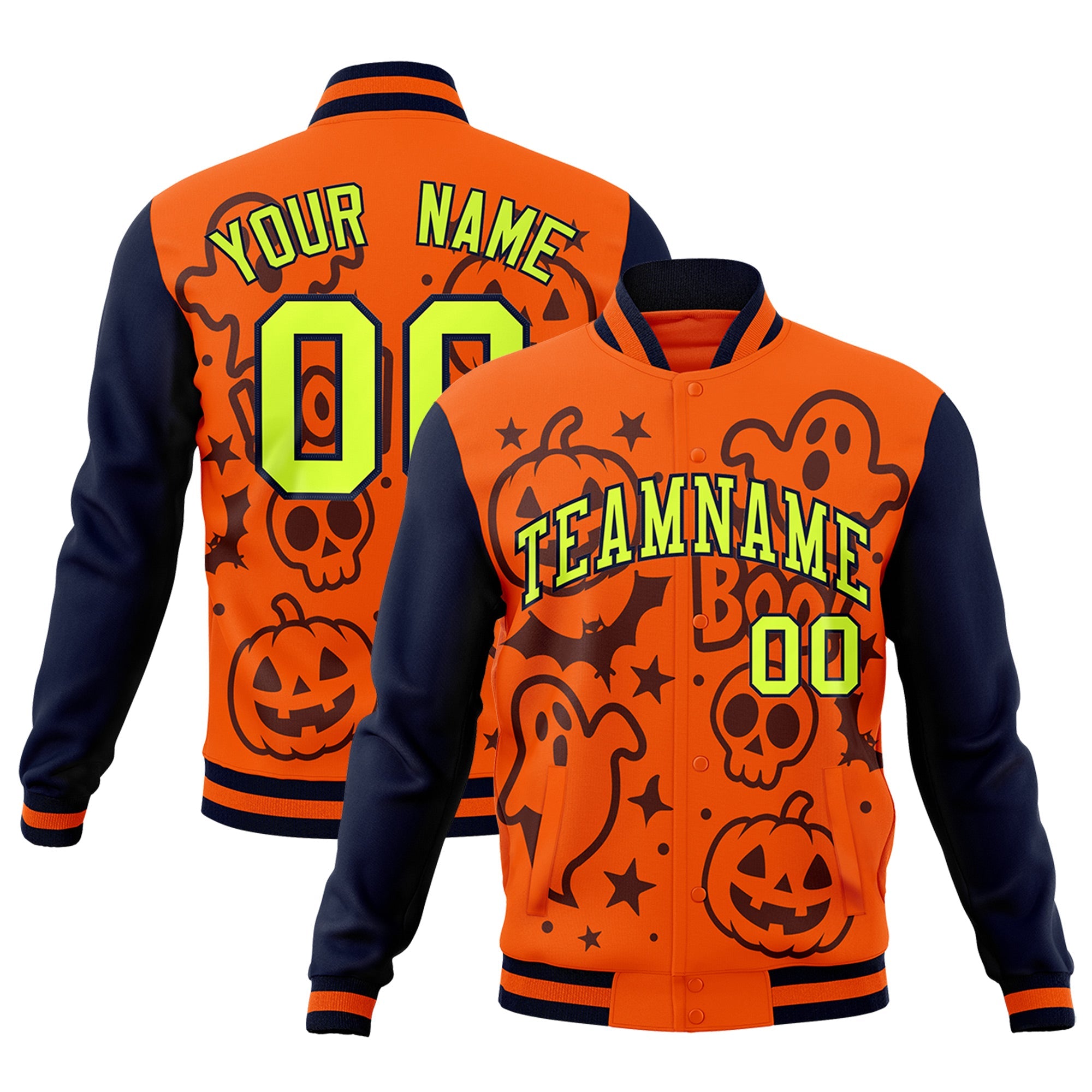 Custom Navy Orange Teal Bats Pumpkins Ghost Patterns Halloween Letterman Jacket| KXKSHOP