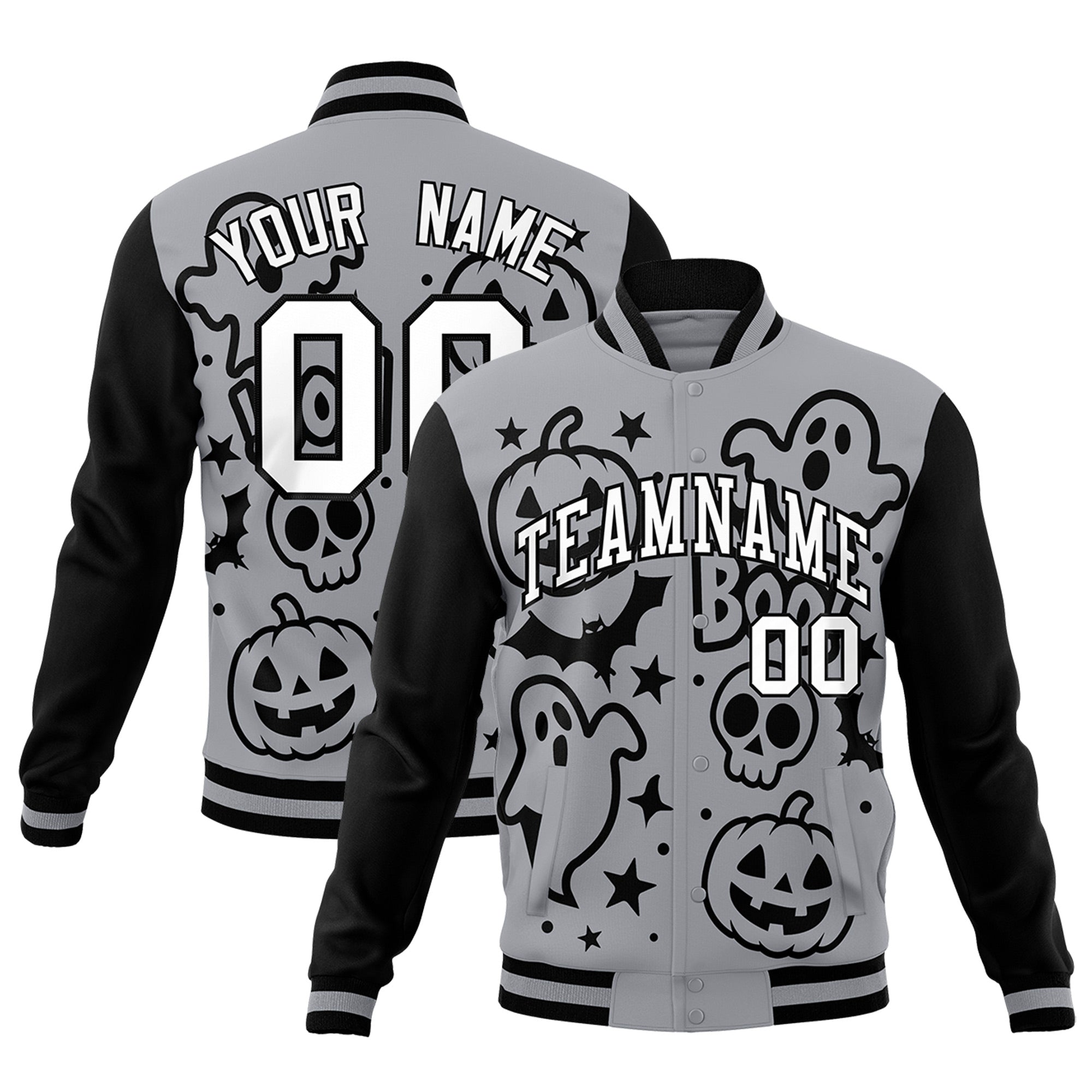 Custom Gray Black White Bats Pumpkins Ghost Patterns Halloween Letterman Jacket| KXKSHOP