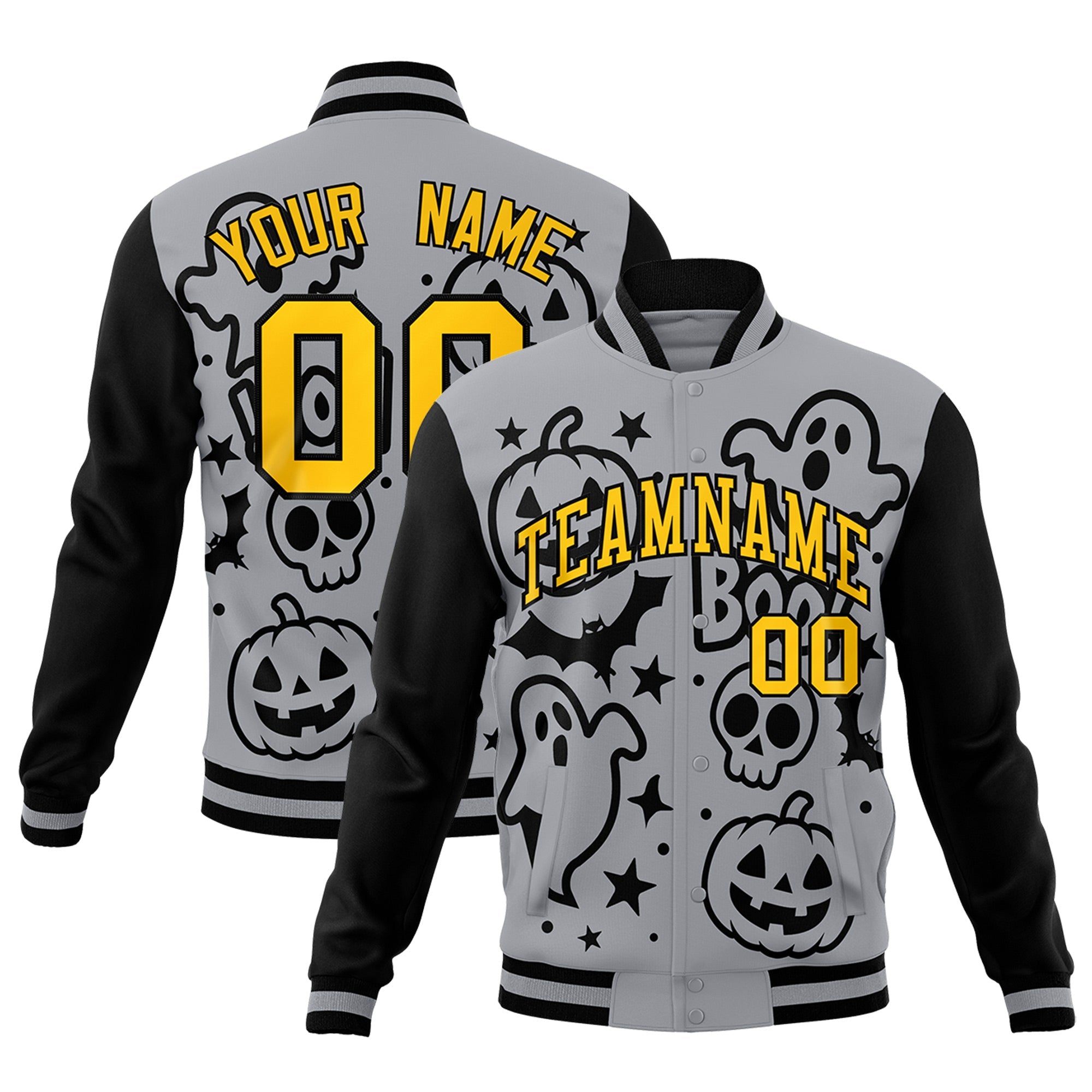 Custom Gray Black Gold Bats Pumpkins Ghost Patterns Halloween Letterman Jacket| KXKSHOP