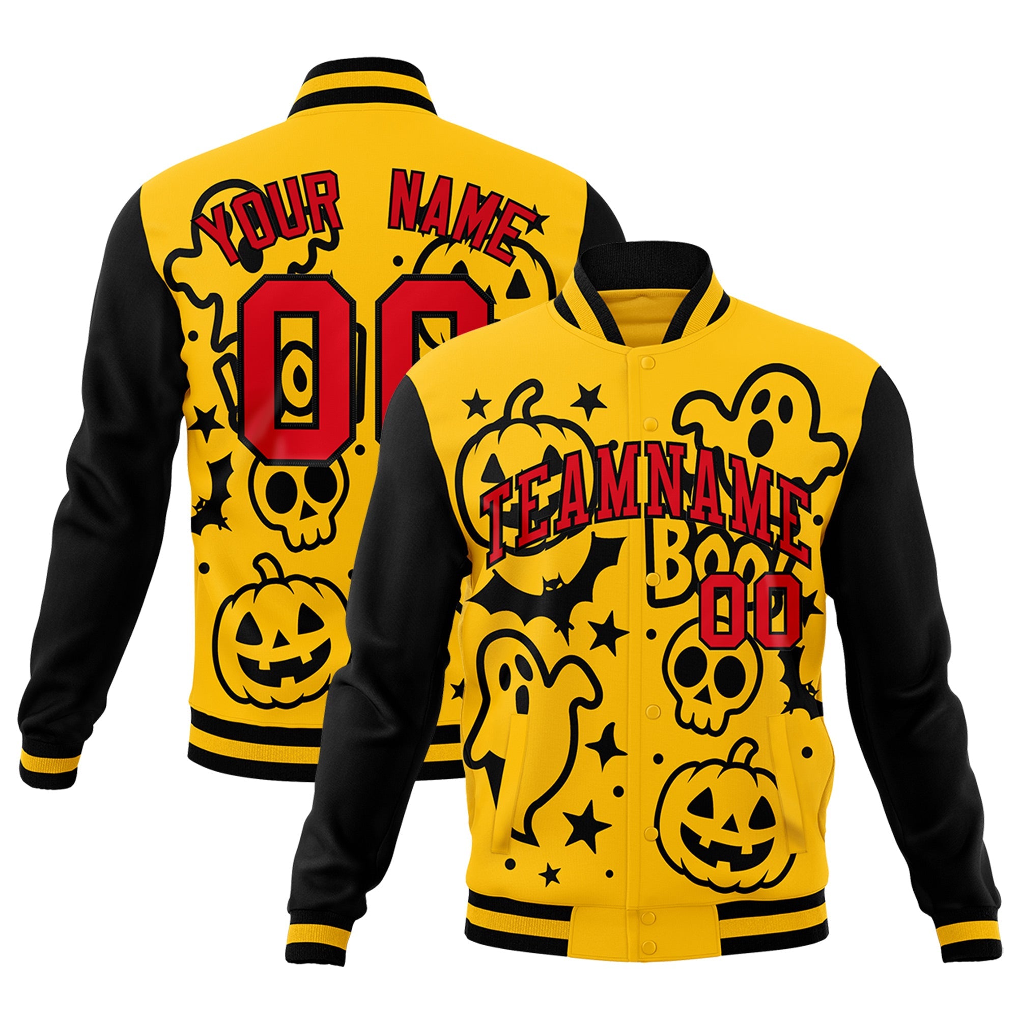 Custom Gold Black Red Bats Pumpkins Ghost Patterns Halloween Letterman Jacket| KXKSHOP