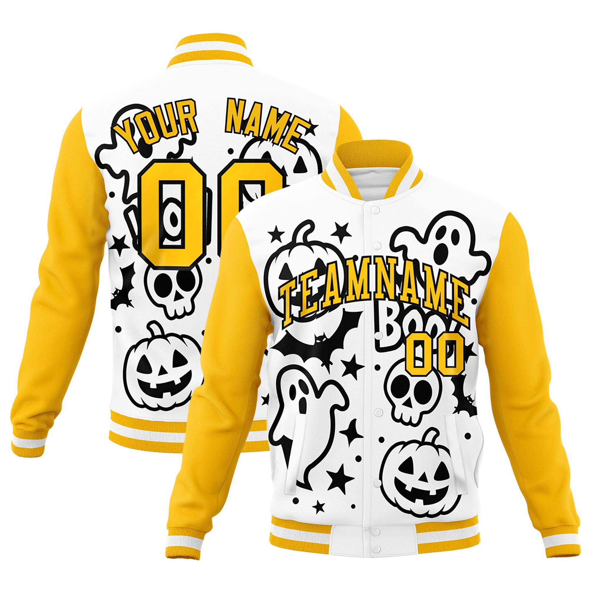 Custom White Black Gold Bats Pumpkins Ghost Patterns Halloween Letterman Jacket| KXKSHOP