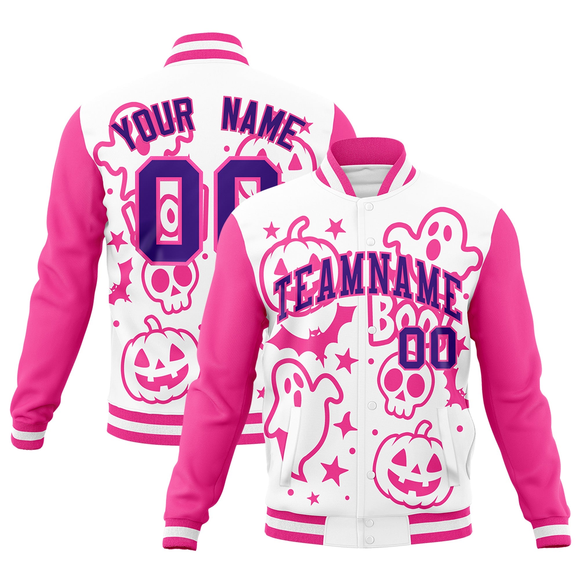 Custom White Pink Purple Bats Pumpkins Ghost Patterns Halloween Letterman Jacket| KXKSHOP