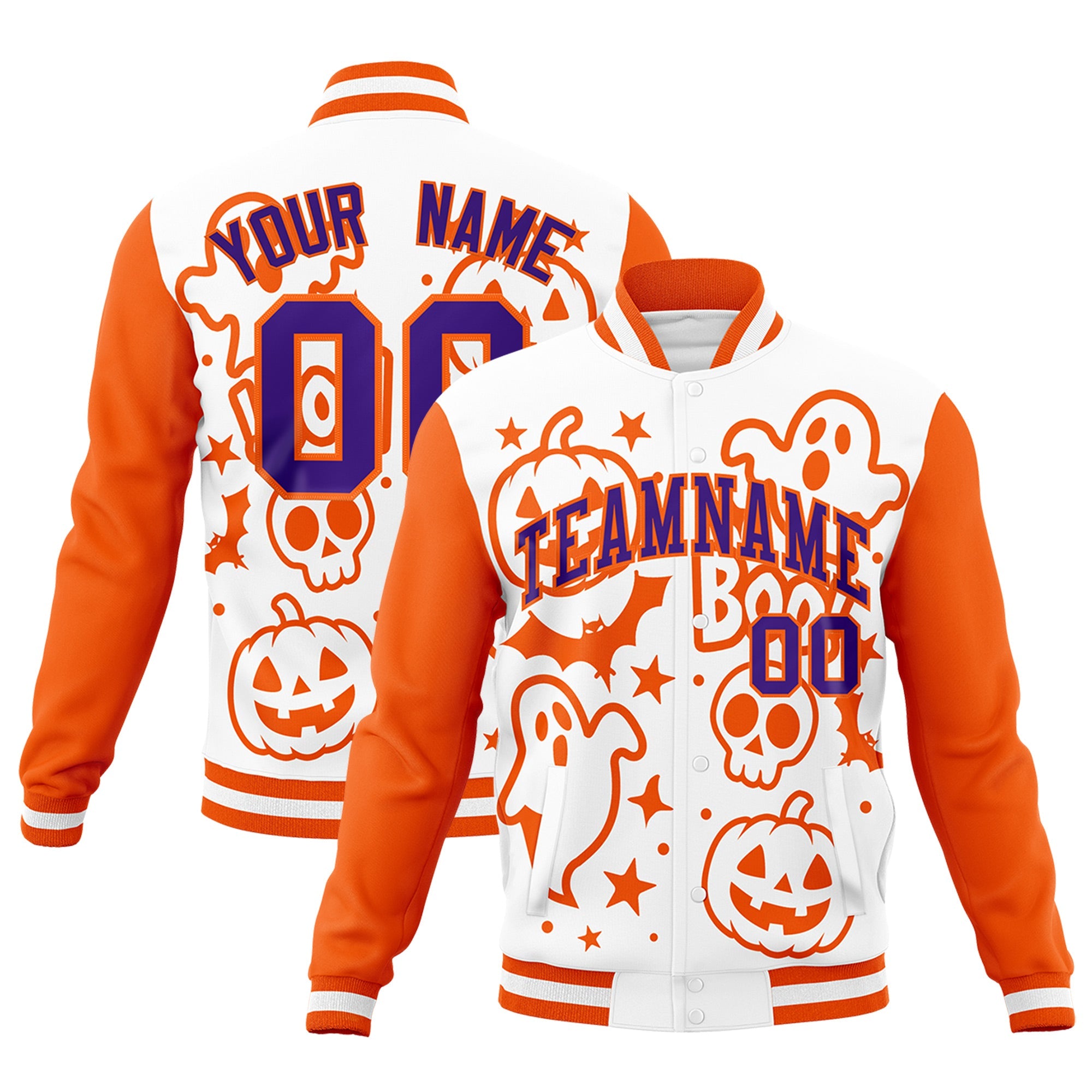 Custom White Orange Purple Bats Pumpkins Ghost Patterns Halloween Letterman Jacket| KXKSHOP