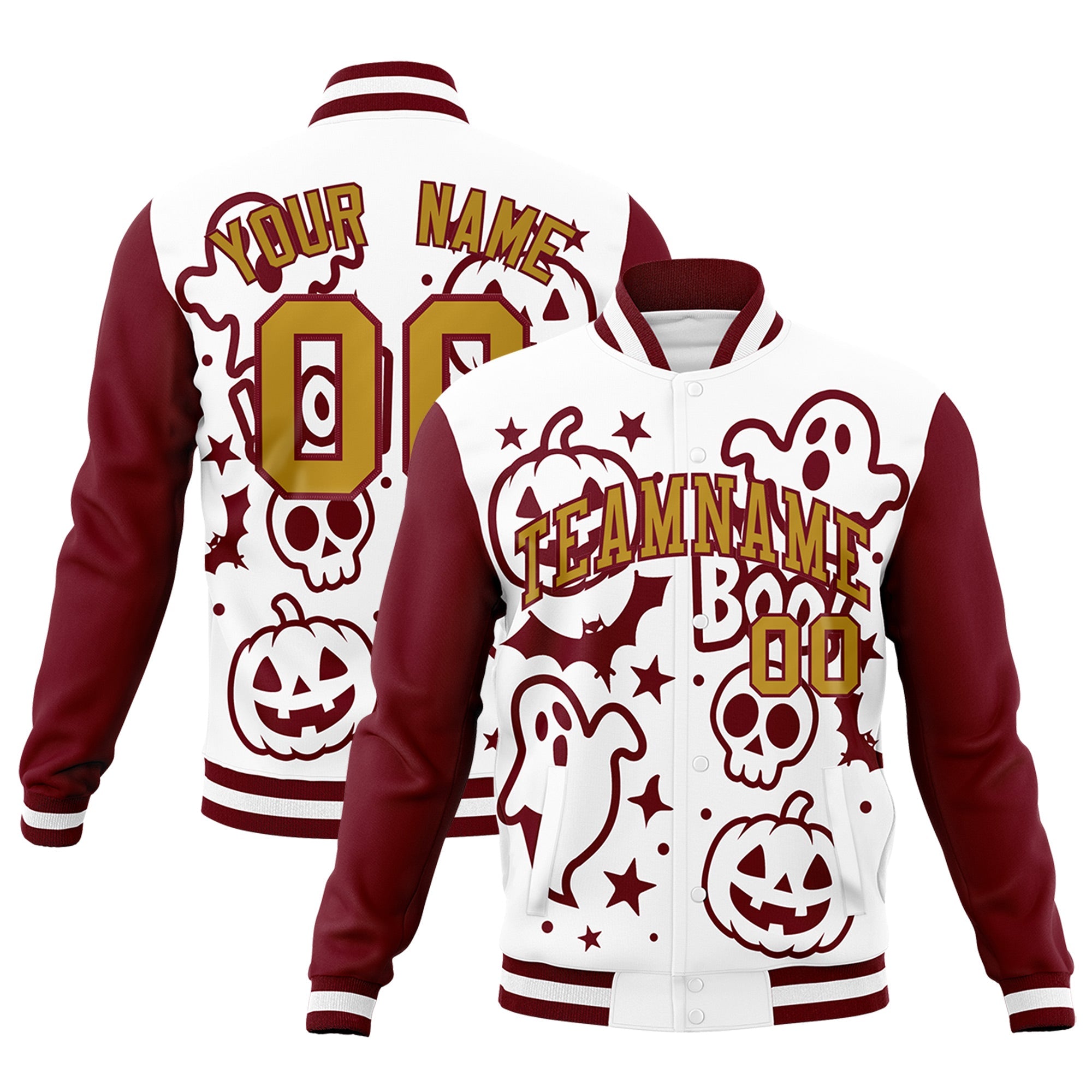 Custom White Crimson Old Gold Bats Pumpkins Ghost Patterns Halloween Letterman Jacket| KXKSHOP