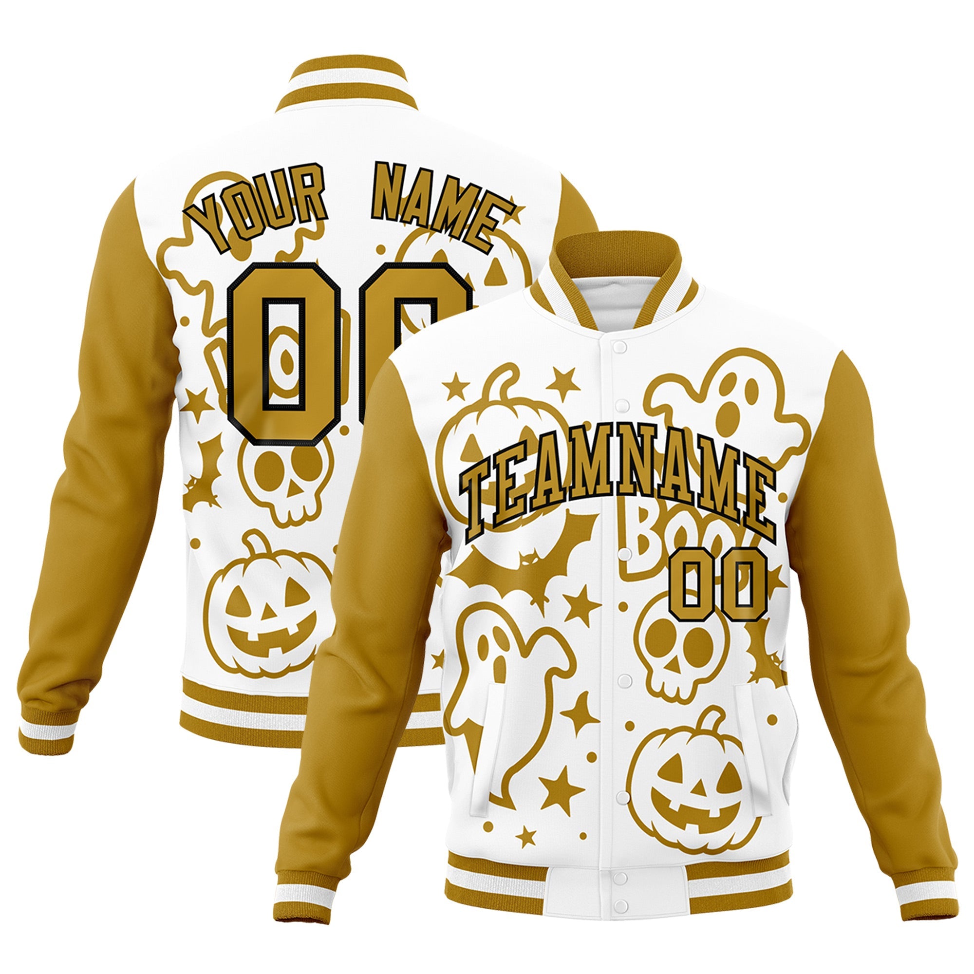 Custom White Old Gold Black Bats Pumpkins Ghost Patterns Halloween Letterman Jacket| KXKSHOP