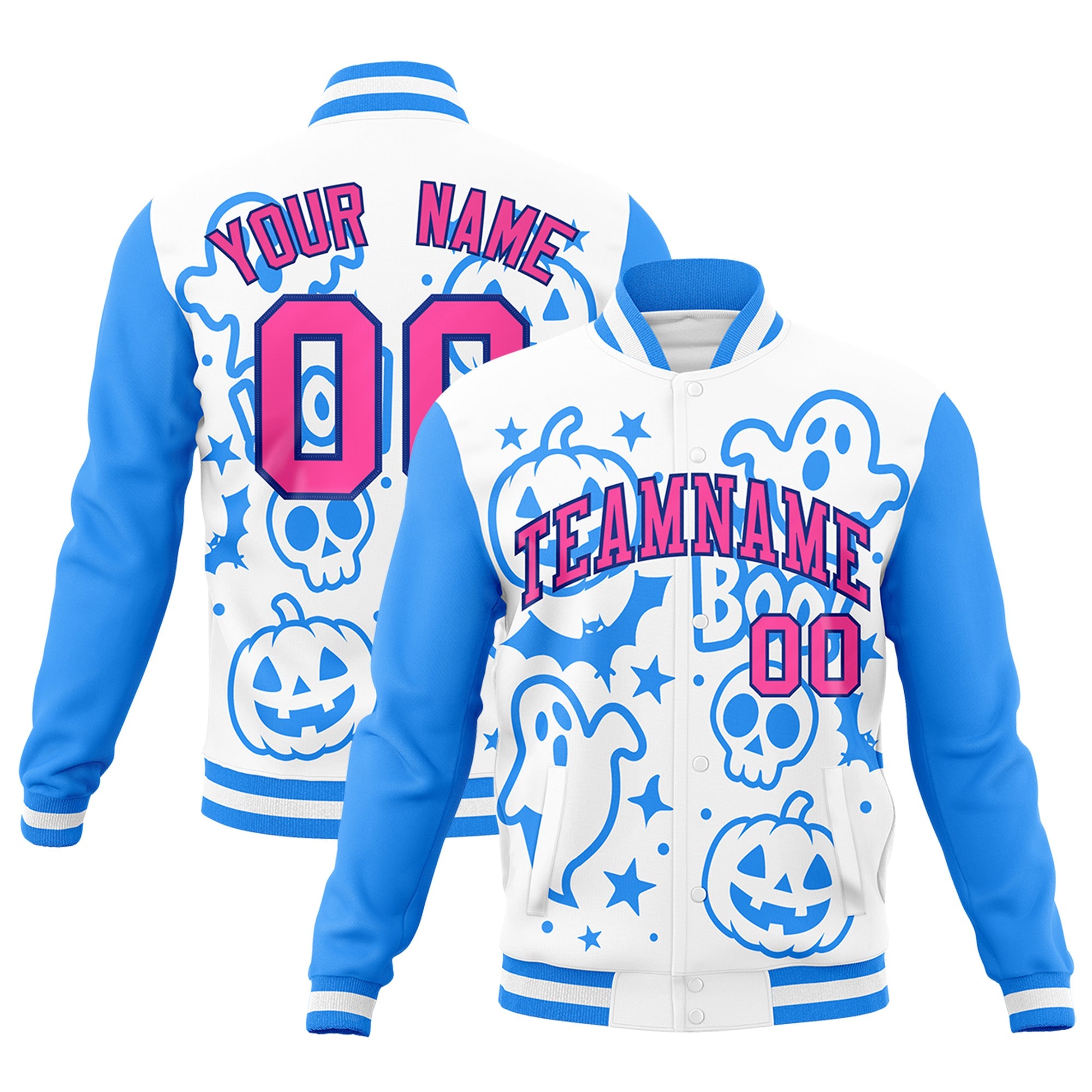 Custom White Powder Blue Pink Bats Pumpkins Ghost Patterns Halloween Letterman Jacket| KXKSHOP