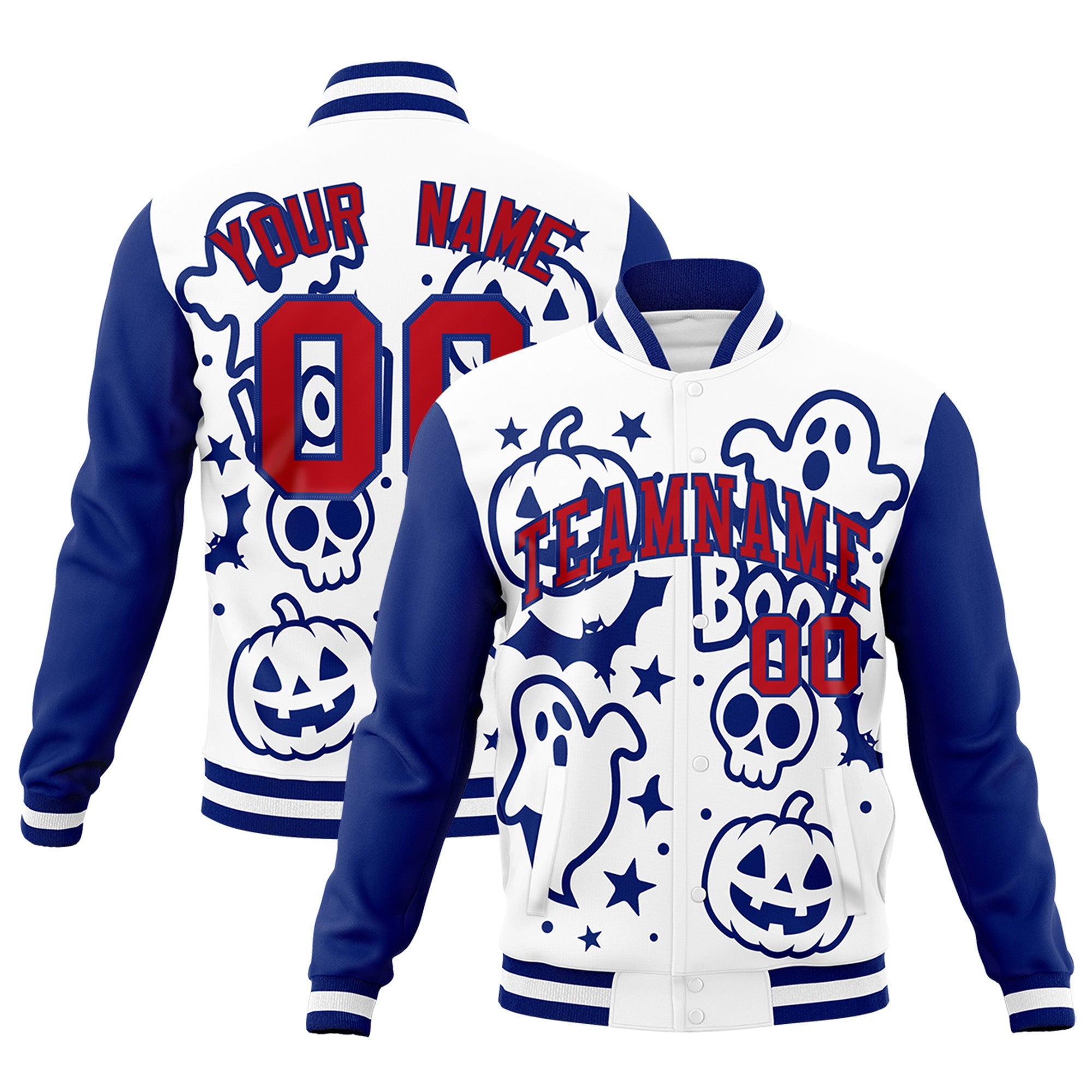 Custom Royal Blue White Red Bats Pumpkins Ghost Patterns Halloween Letterman Jacket| KXKSHOP