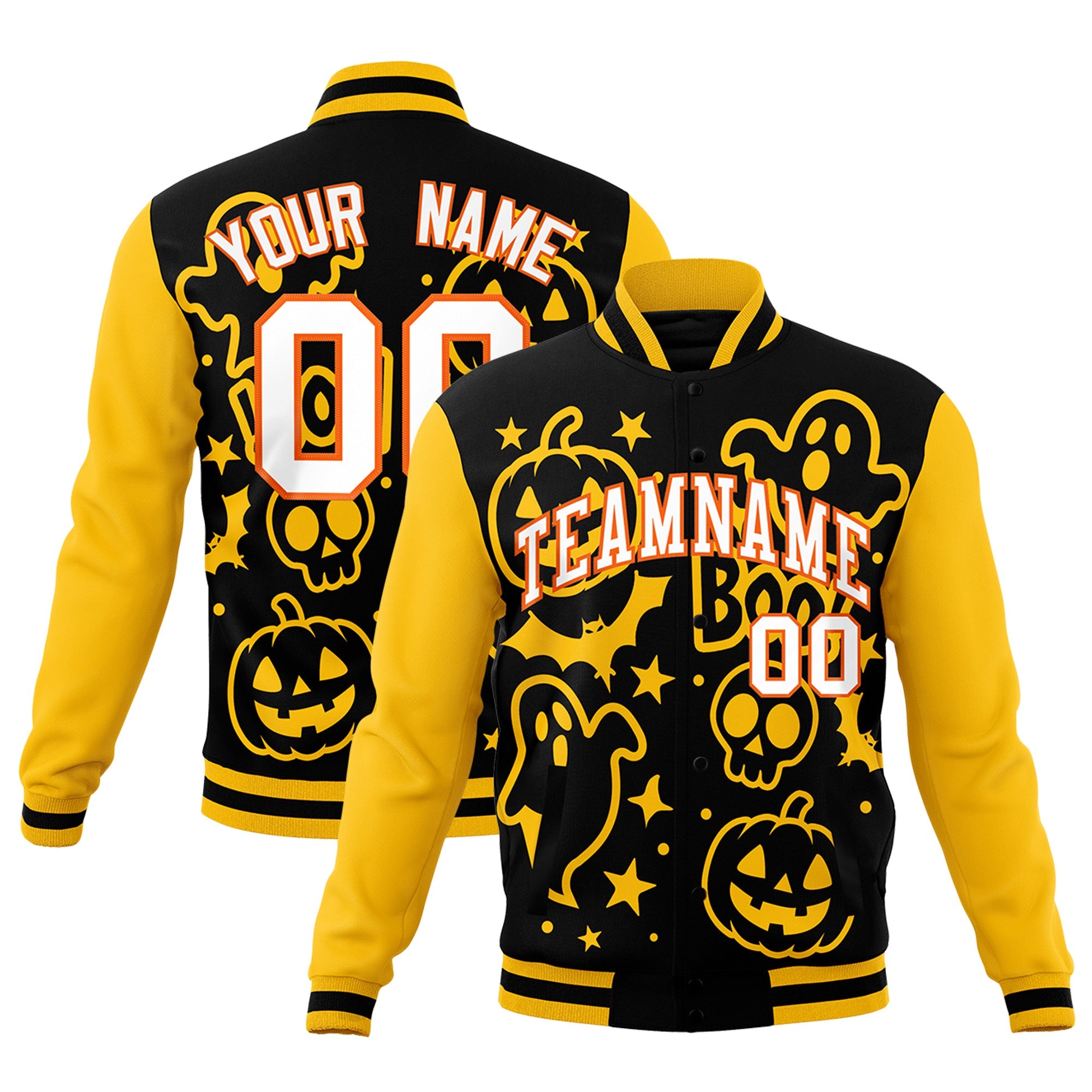 Custom Gold Black White Bats Pumpkins Ghost Patterns Halloween Letterman Jacket| KXKSHOP