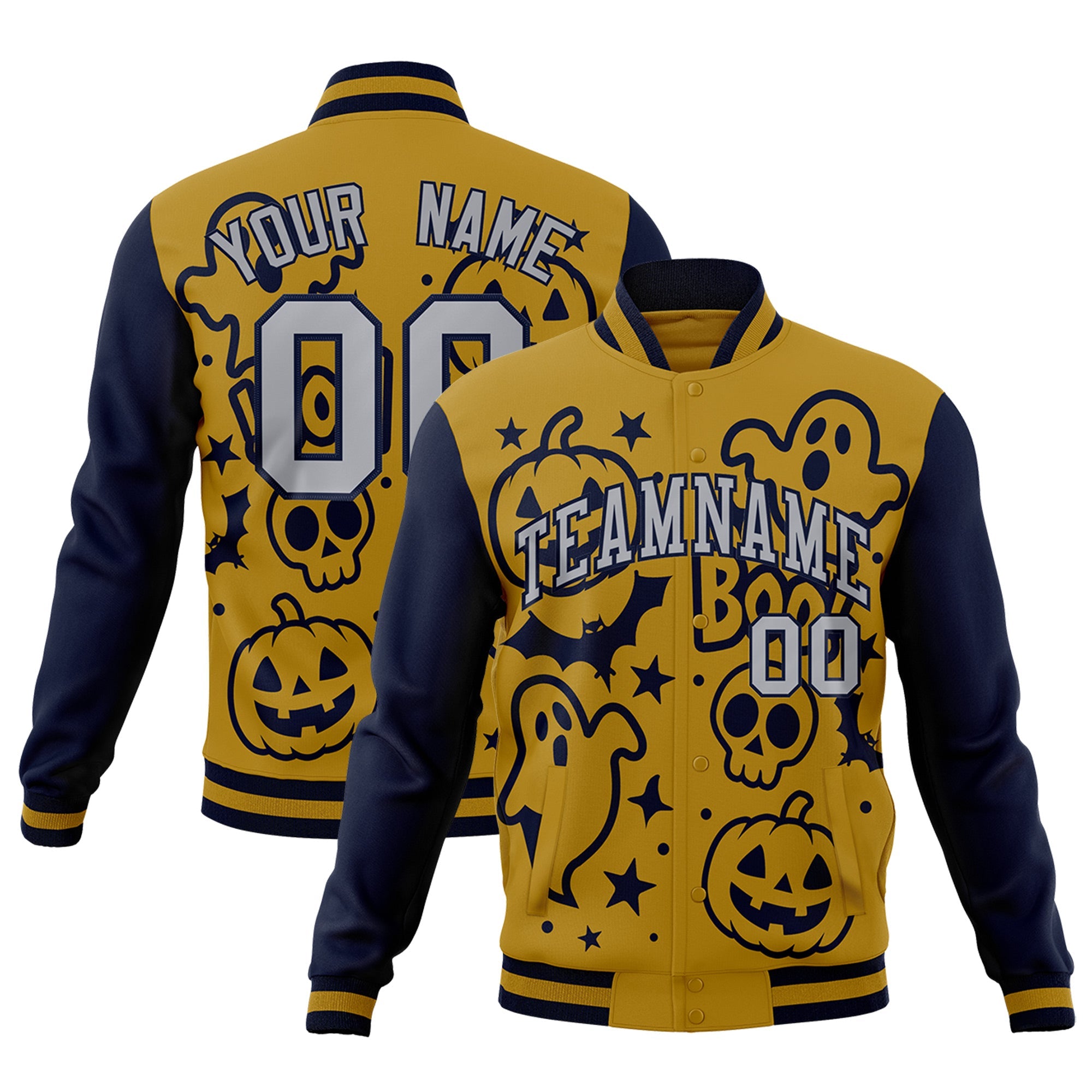 Custom Navy Old Gold Gray Bats Pumpkins Ghost Patterns Halloween Letterman Jacket| KXKSHOP
