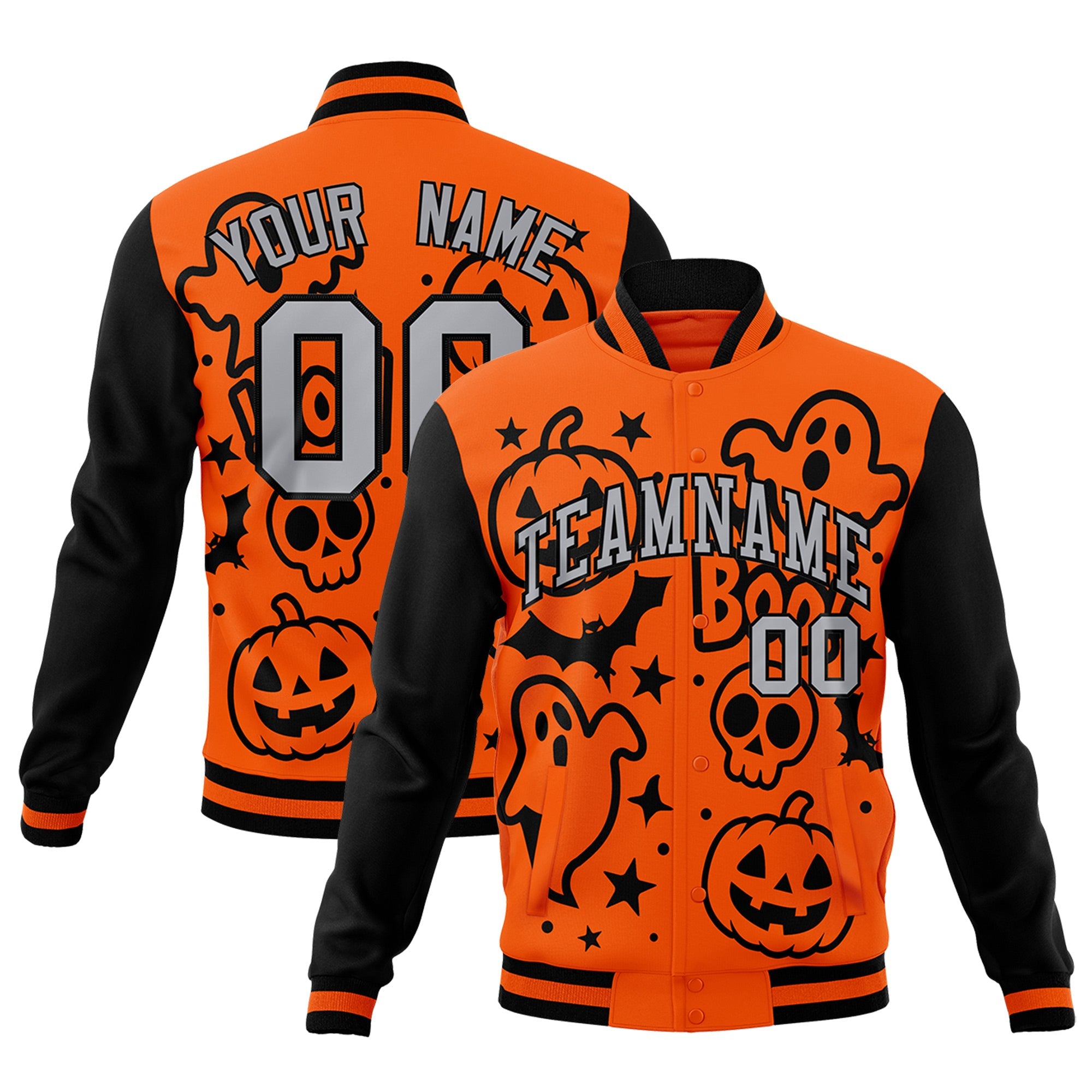 Custom Black Orange Gray Bats Pumpkins Ghost Patterns Halloween Letterman Jacket| KXKSHOP