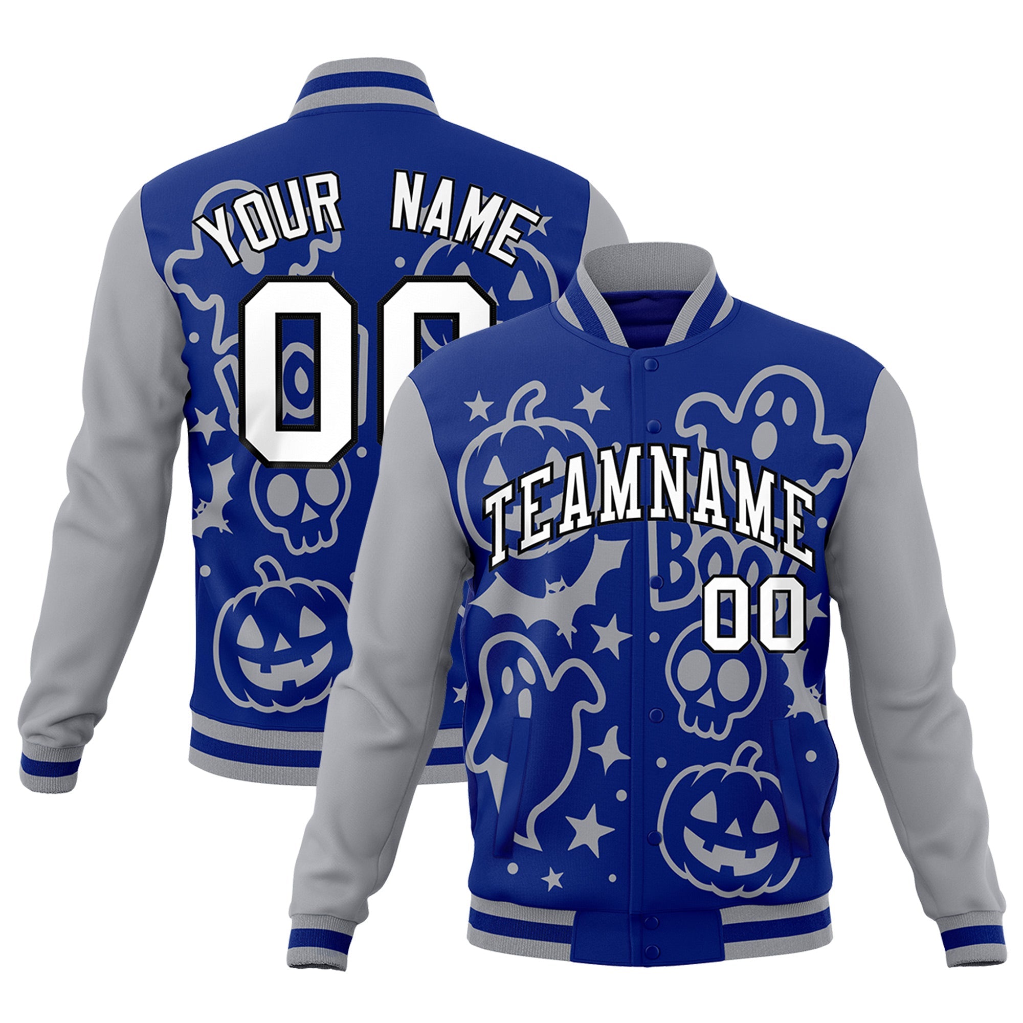 Custom Gray Royal Blue White Bats Pumpkins Ghost Patterns Halloween Letterman Jacket| KXKSHOP