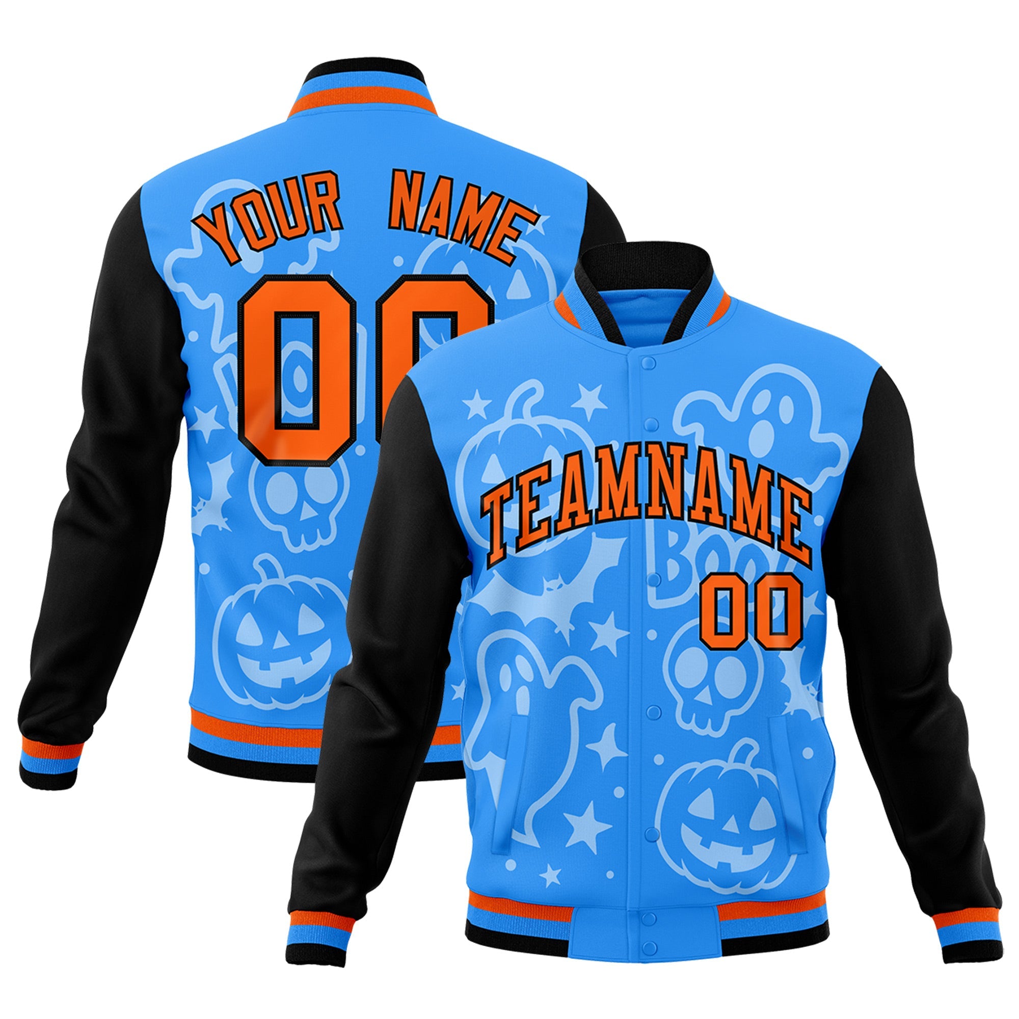 Custom Orange Powder Blue Black Bats Pumpkins Ghost Patterns Halloween Letterman Jacket| KXKSHOP
