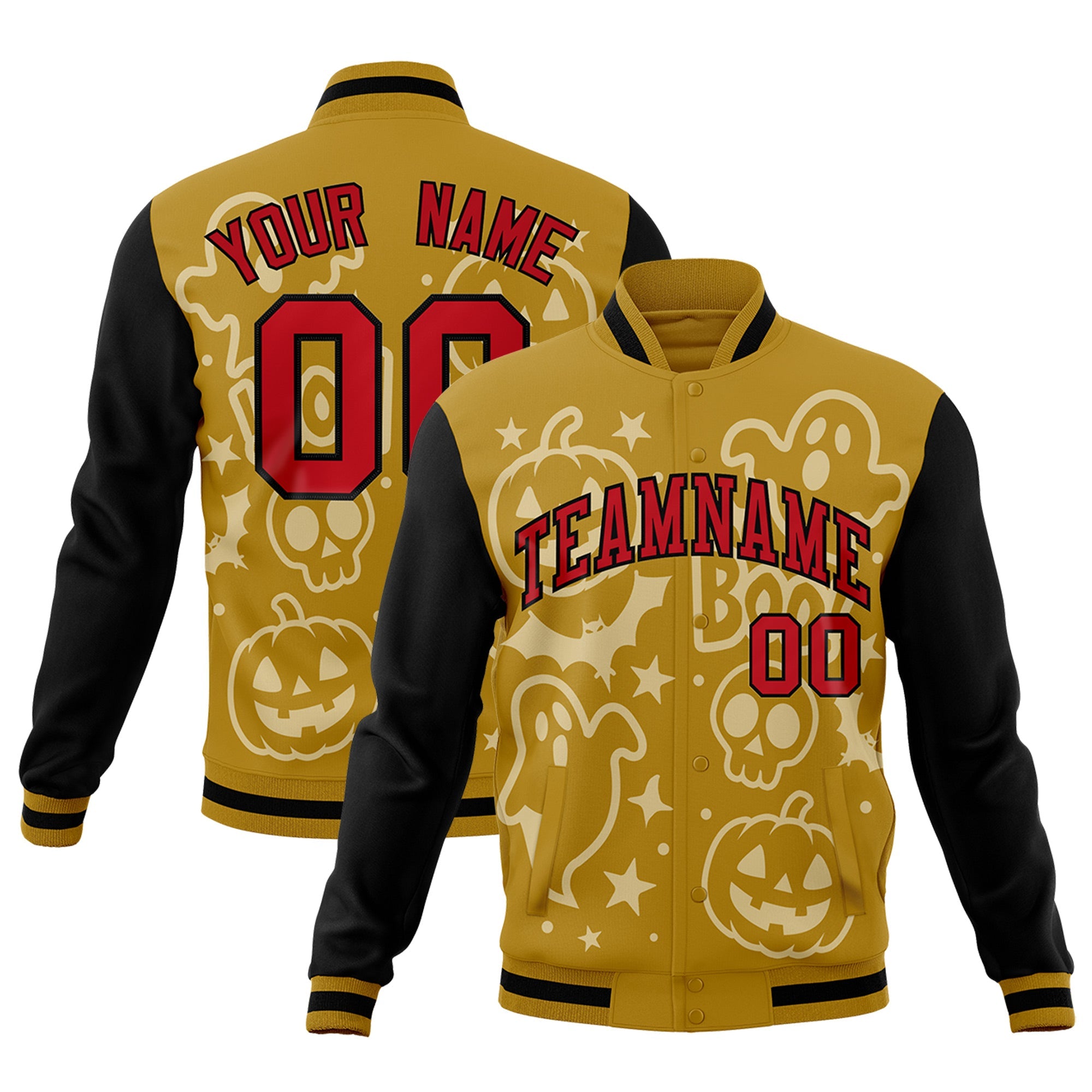Custom Old Gold Black Red Bats Pumpkins Ghost Patterns Halloween Letterman Jacket| KXKSHOP