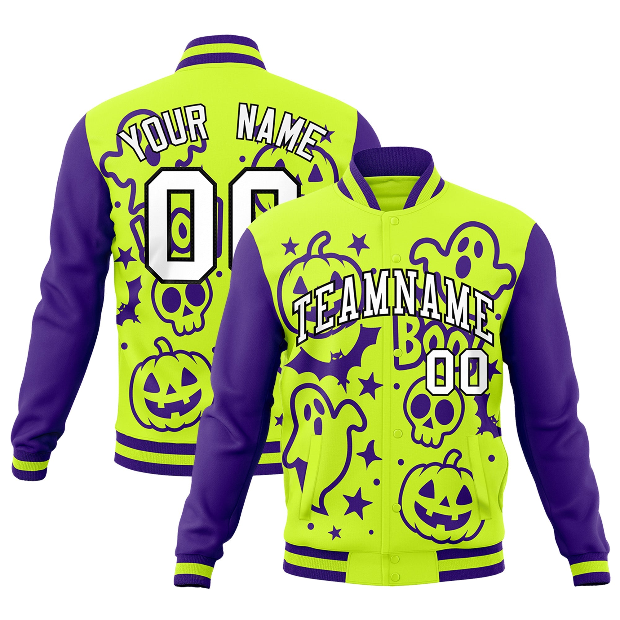 Custom Purple Neon Green White Bats Pumpkins Ghost Patterns Halloween Letterman Jacket| KXKSHOP