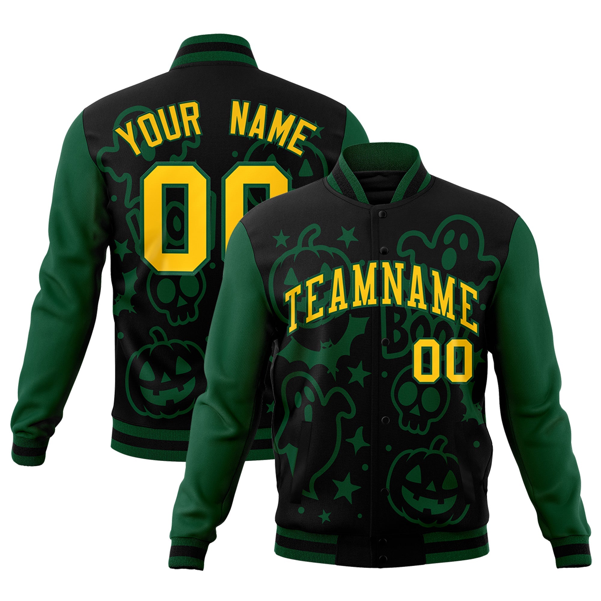 Custom Green Black Gold Bats Pumpkins Ghost Patterns Halloween Letterman Jacket| KXKSHOP
