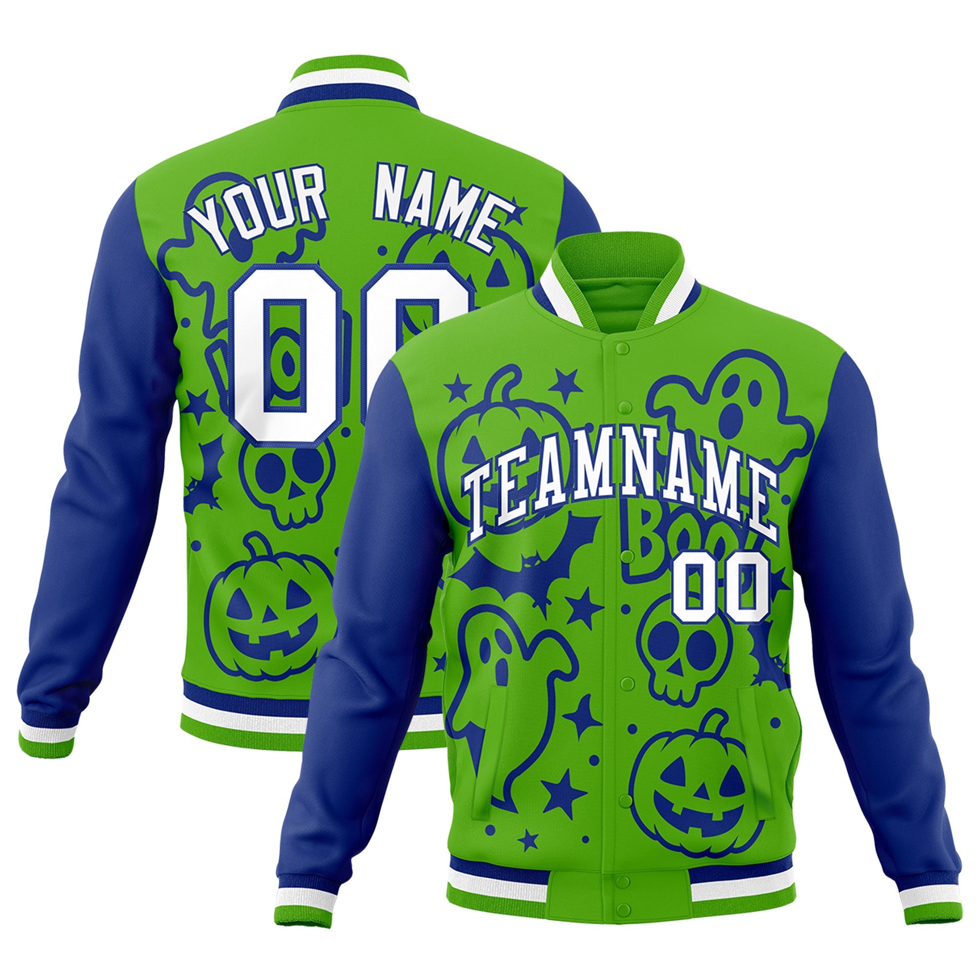 Custom Green Royal Blue White Bats Pumpkins Ghost Patterns Halloween Letterman Jacket| KXKSHOP