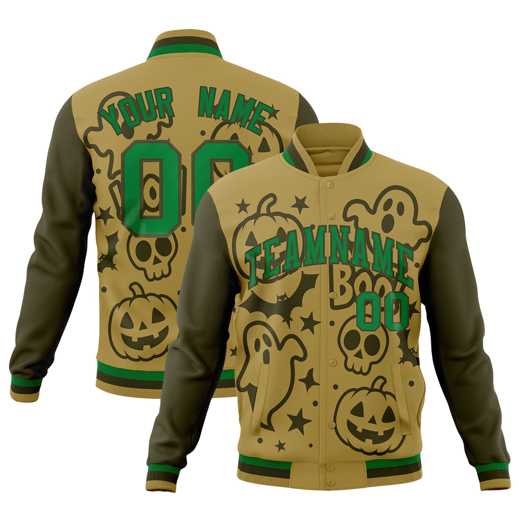 Custom Desert Yellow Kelly Green Olive Bats Pumpkins Ghost Patterns Halloween Letterman Jacket| KXKSHOP