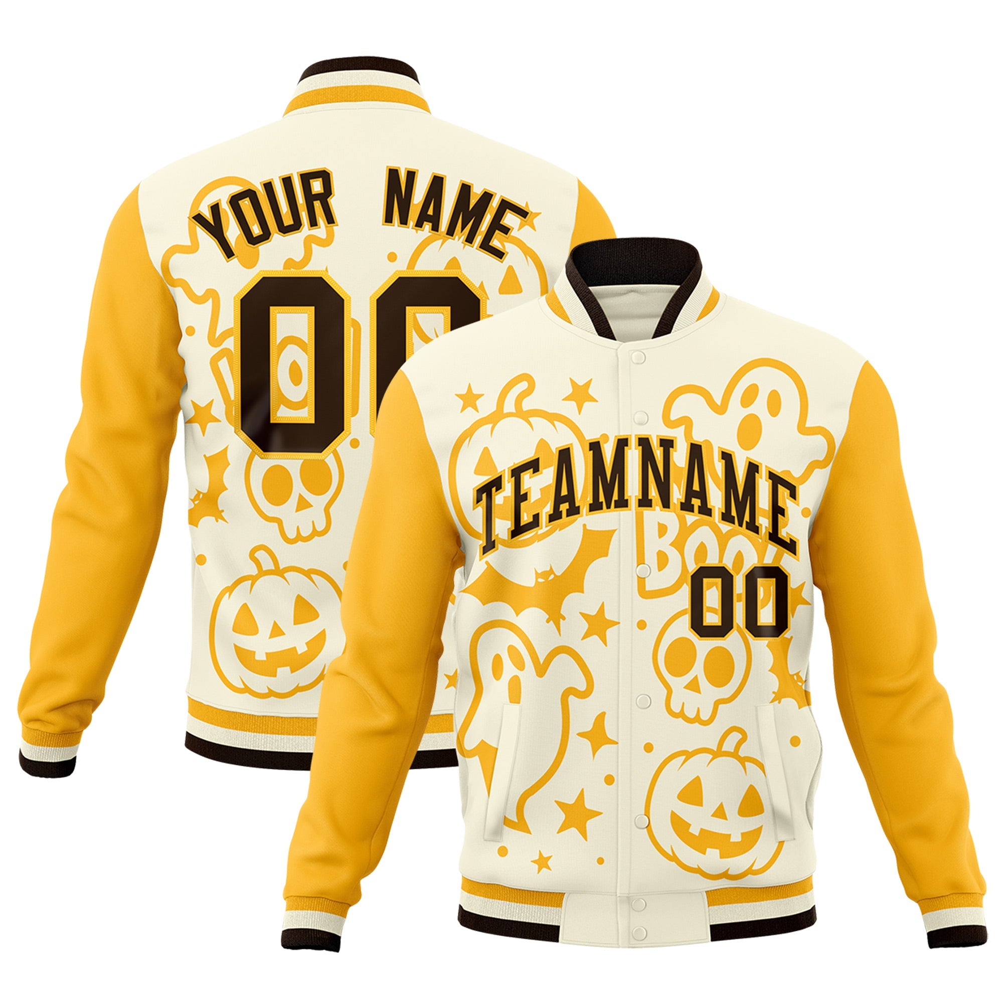 Custom Yellow Cream Gold Bats Pumpkins Ghost Patterns Halloween Letterman Jacket| KXKSHOP