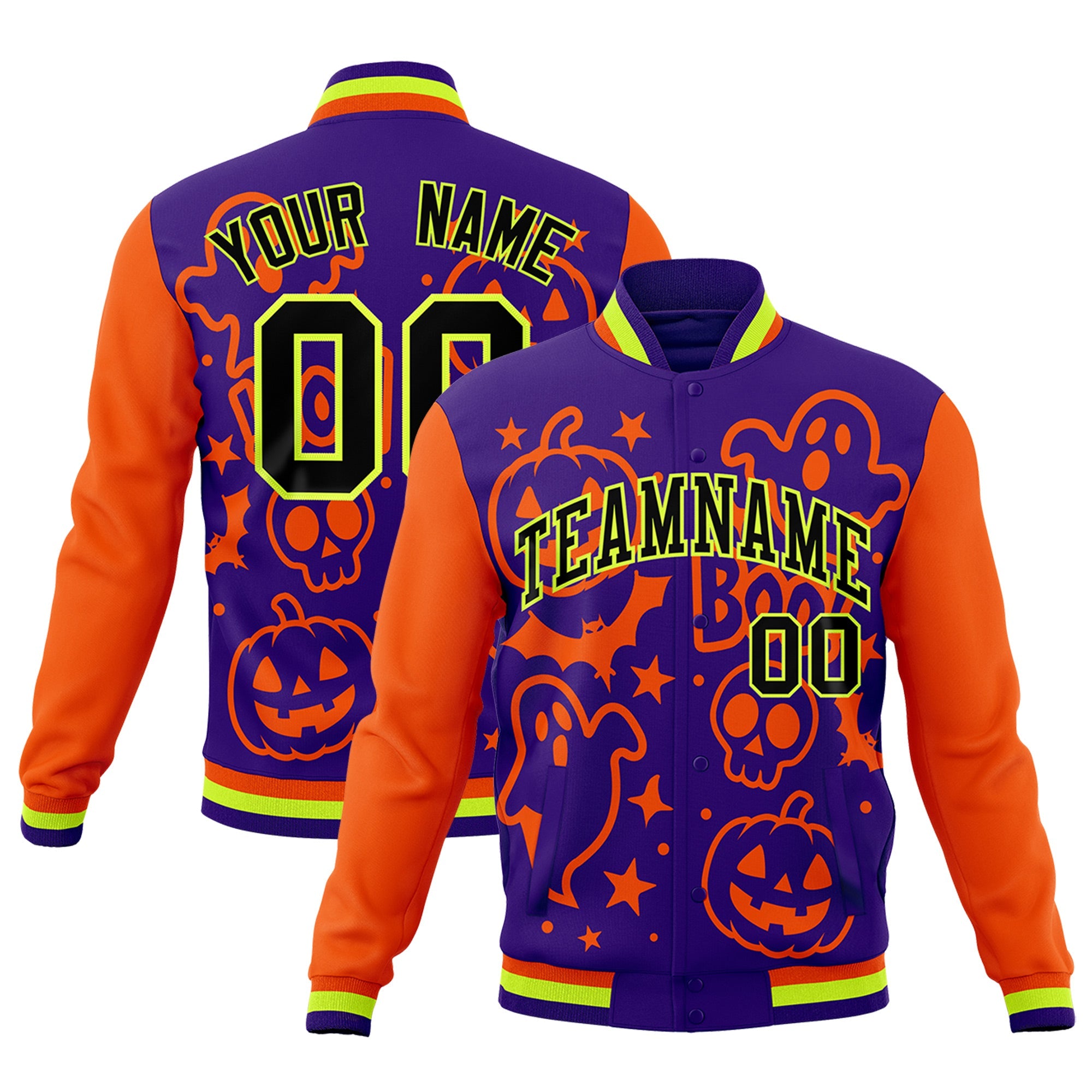 Custom Orange Purple Neon Green Bats Pumpkins Ghost Patterns Halloween Letterman Jacket| KXKSHOP