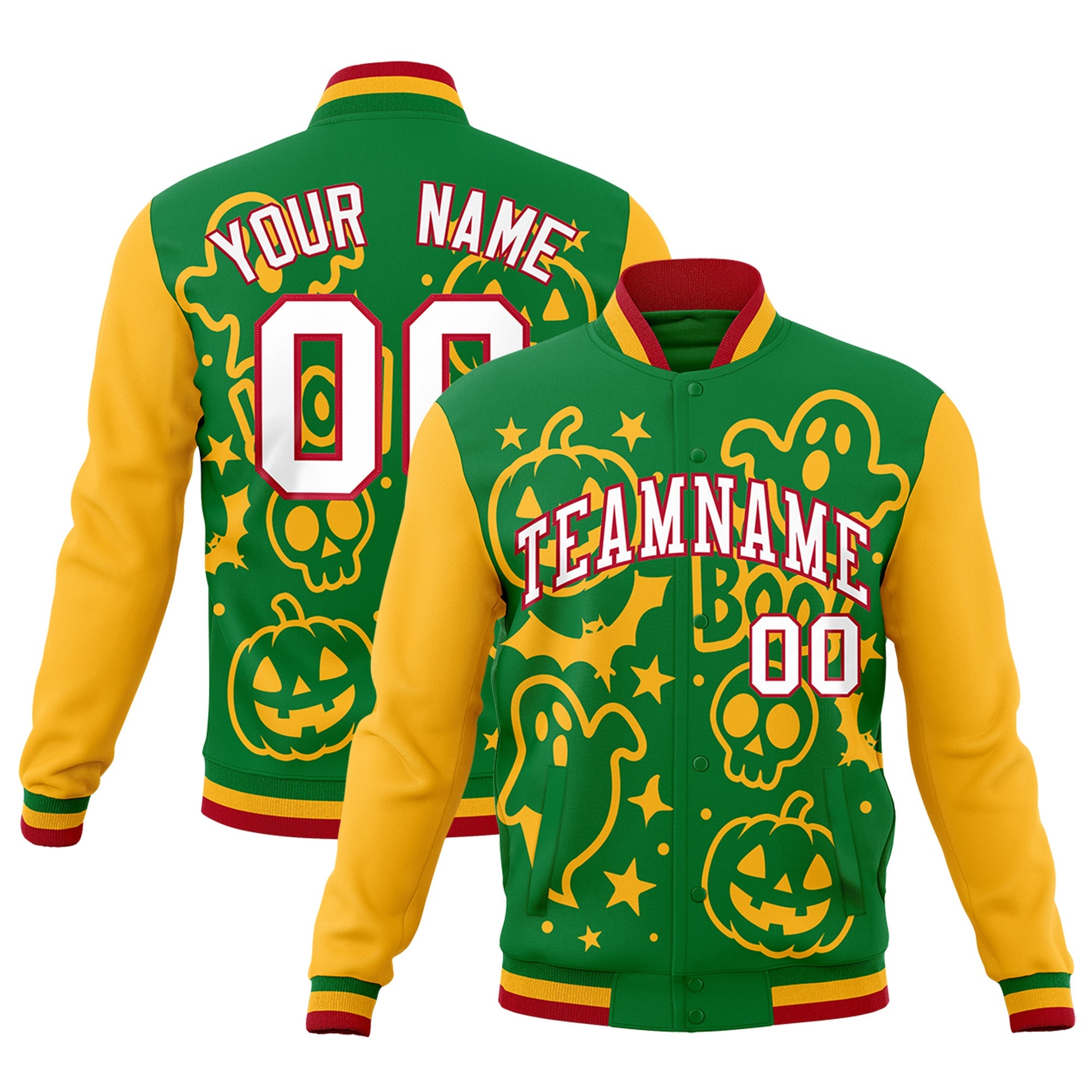 Custom Kelly Green Gold Red Bats Pumpkins Ghost Patterns Halloween Letterman Jacket| KXKSHOP