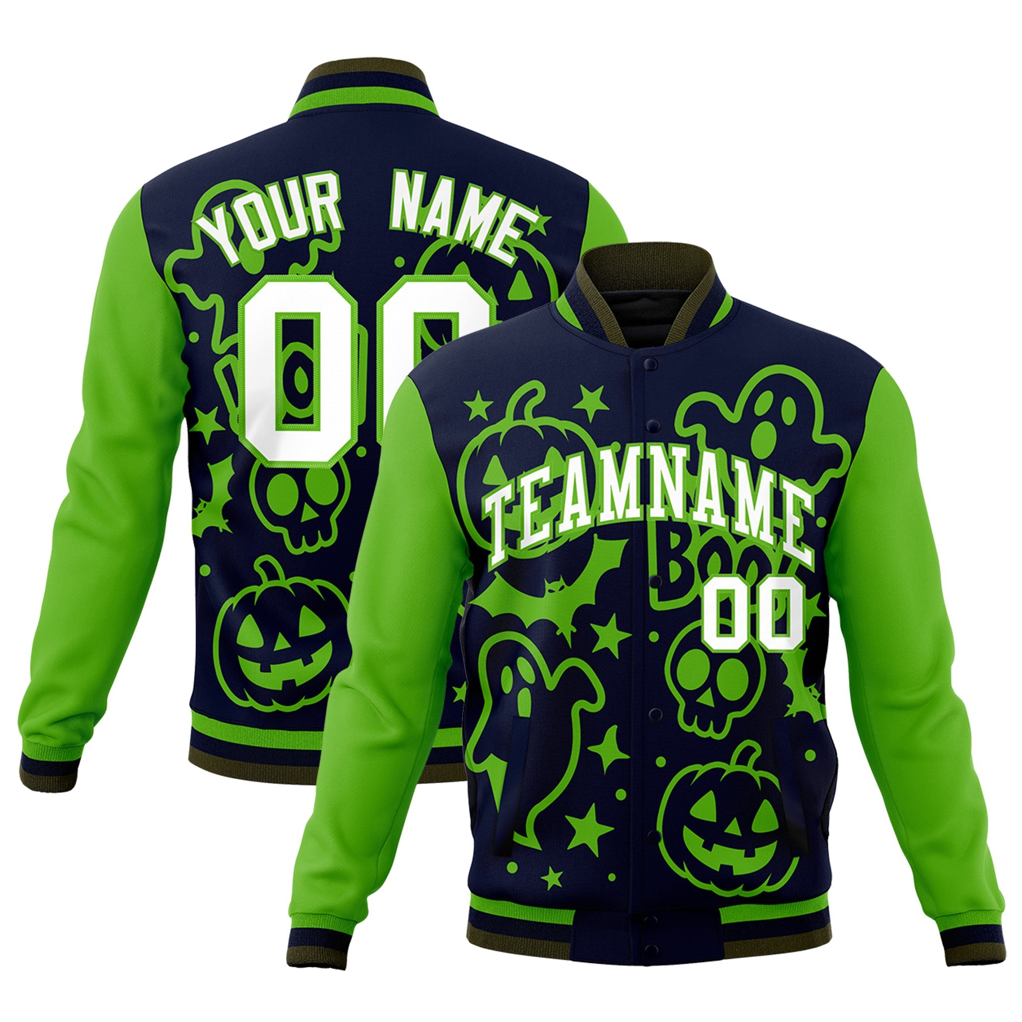 Custom Green Navy Olive Bats Pumpkins Ghost Patterns Halloween Letterman Jacket| KXKSHOP