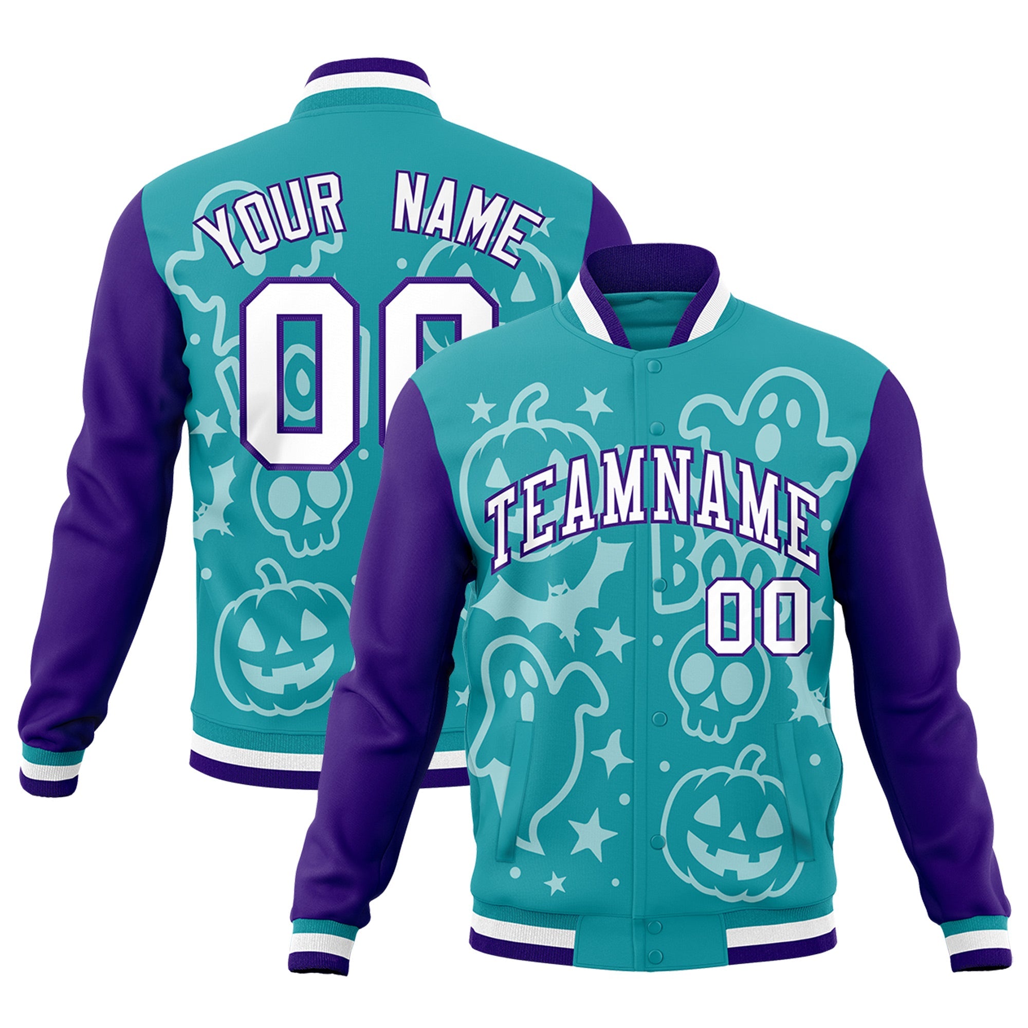 Custom Aqua Purple White Bats Pumpkins Ghost Patterns Halloween Letterman Jacket| KXKSHOP