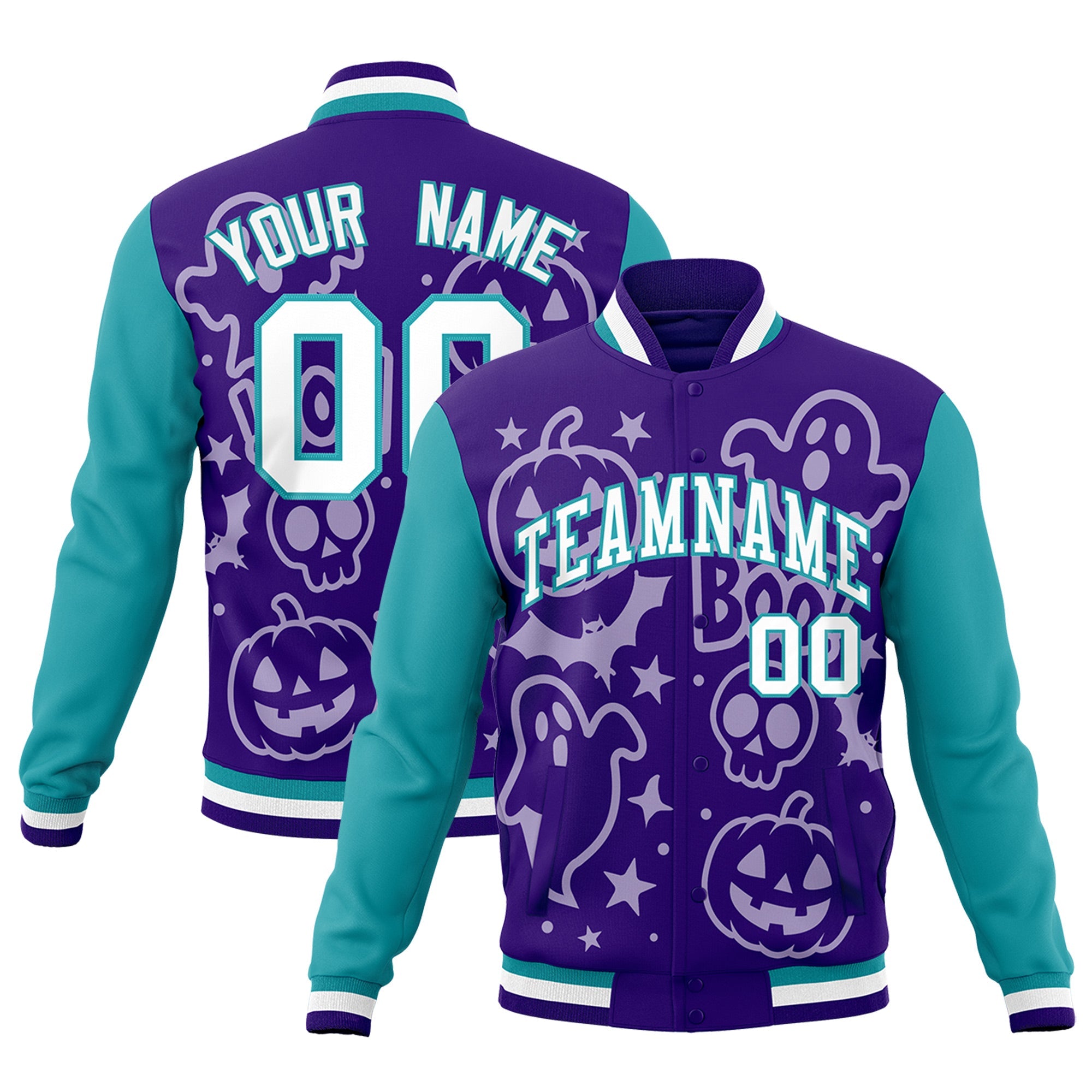 Custom Purple Aqua White Bats Pumpkins Ghost Patterns Halloween Letterman Jacket| KXKSHOP