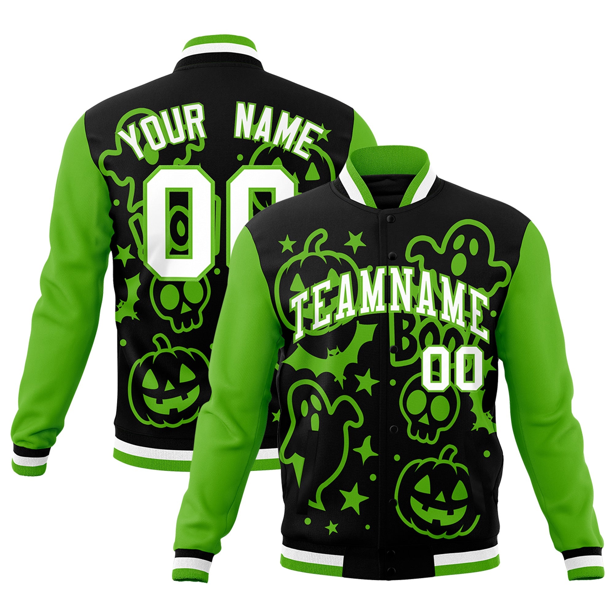 Custom Black Green White Bats Pumpkins Ghost Patterns Halloween Letterman Jacket| KXKSHOP