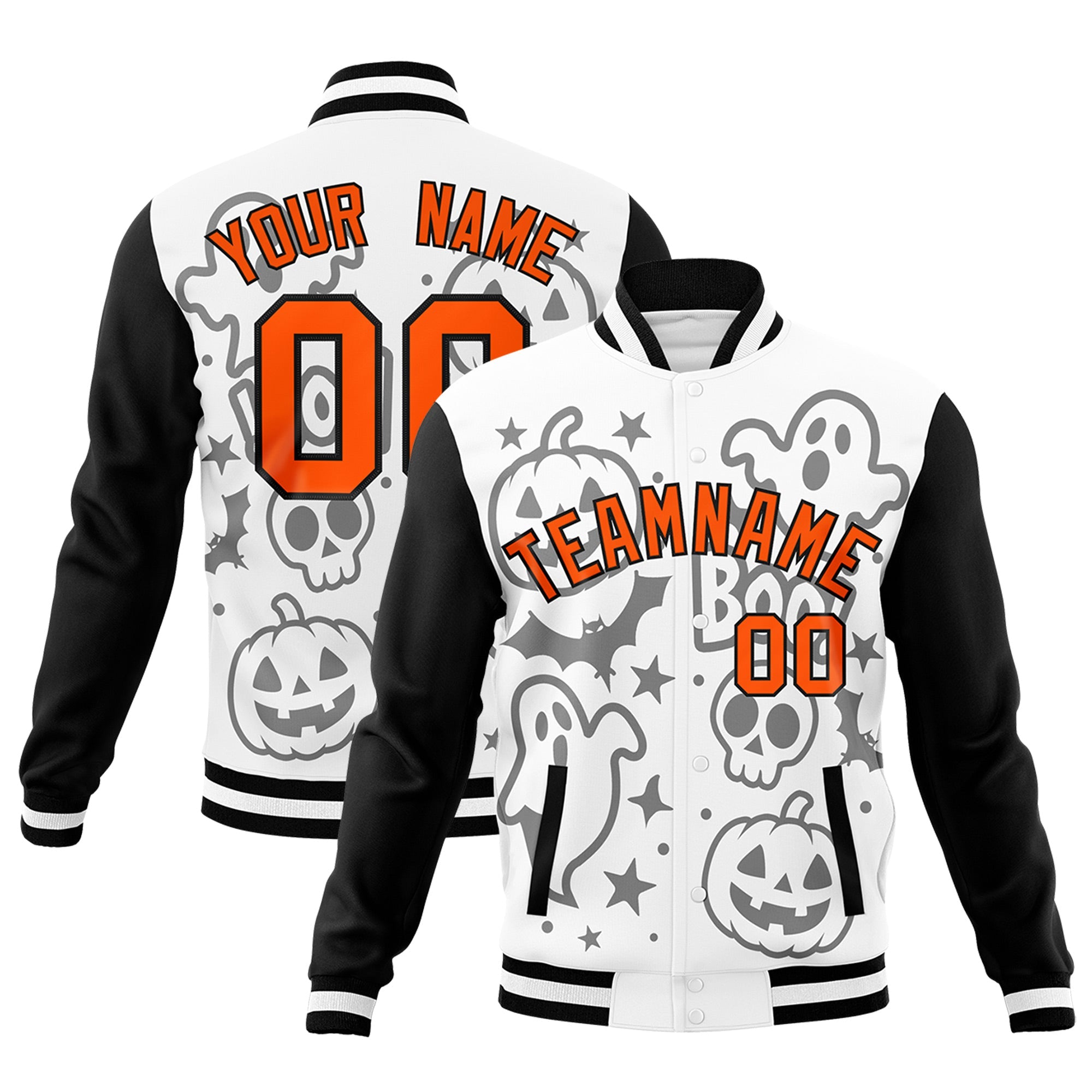 Custom White Black Orange Bats Pumpkins Ghost Patterns Halloween Letterman Jacket| KXKSHOP