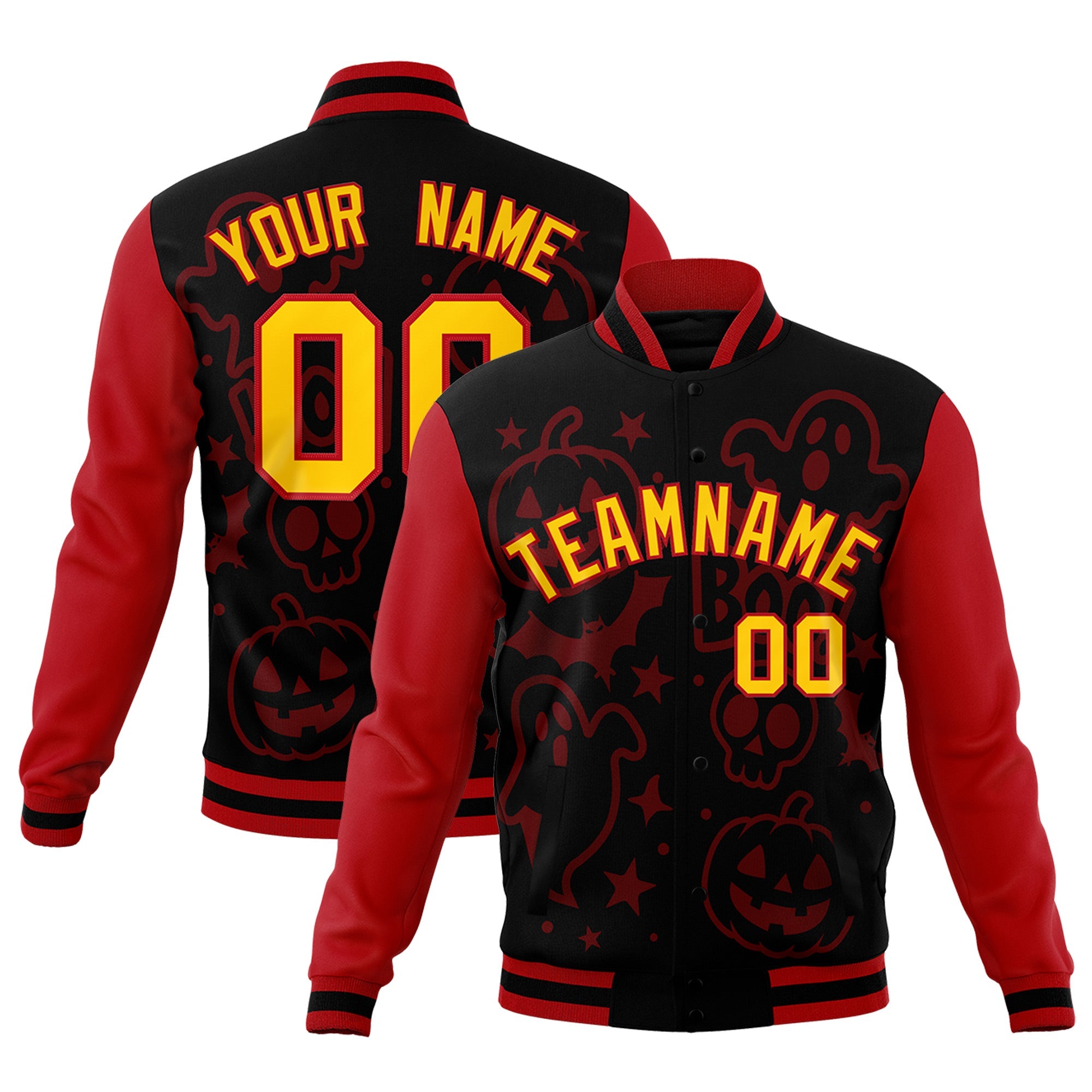 Custom Red Black Gold Bats Pumpkins Ghost Patterns Halloween Letterman Jacket| KXKSHOP