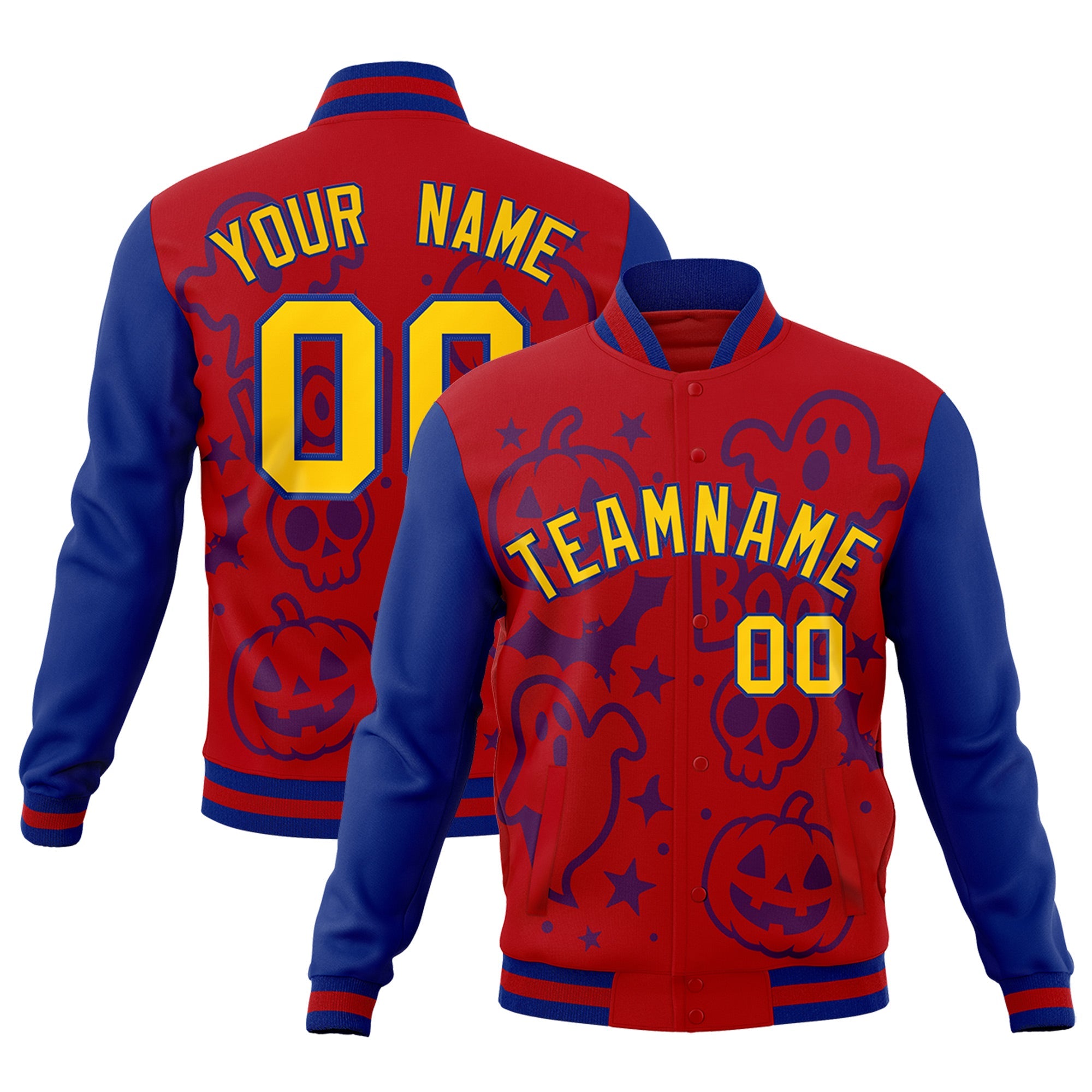 Custom Royal Red Royal Blue Bats Pumpkins Ghost Patterns Halloween Letterman Jacket| KXKSHOP