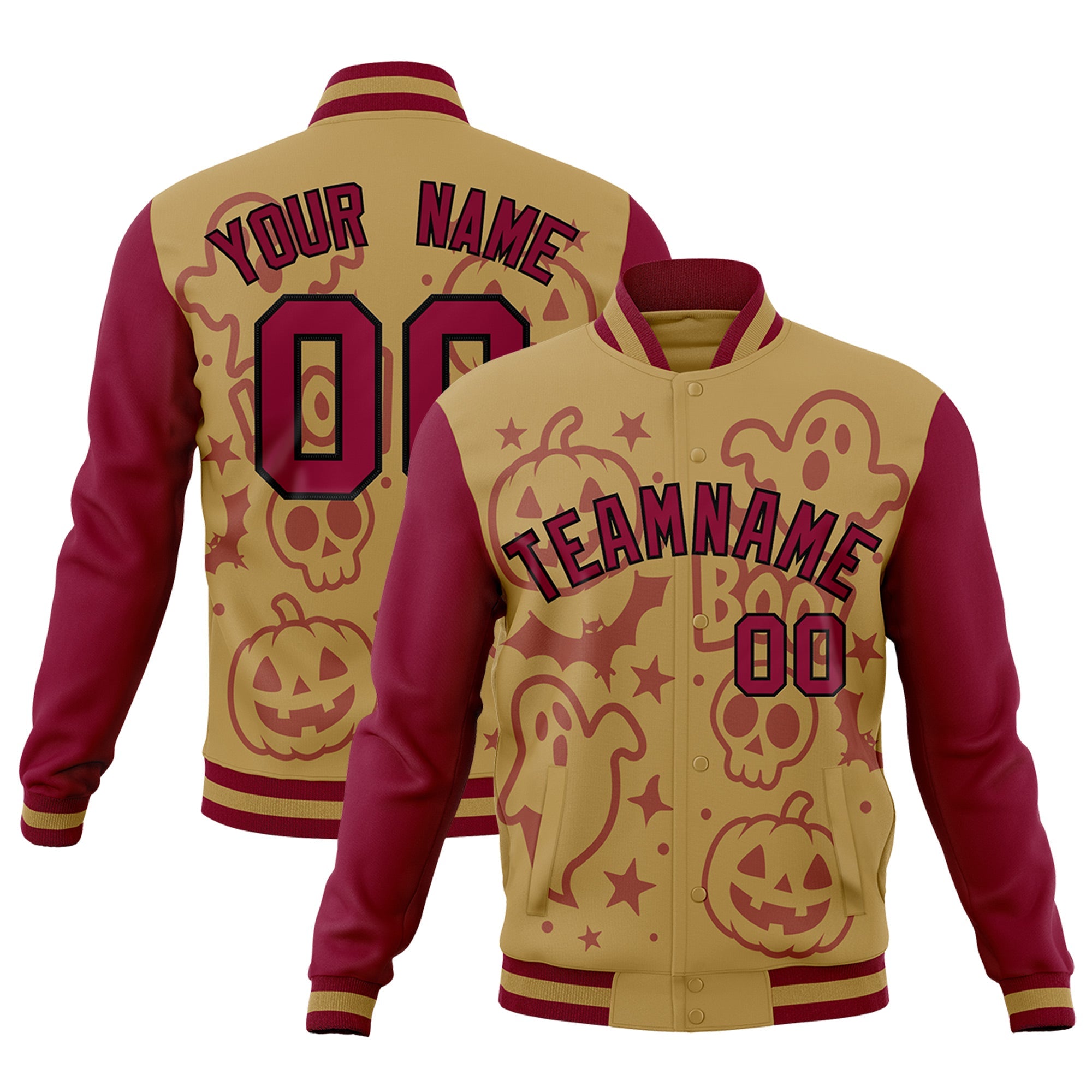 Custom Khaki Crimson Black Bats Pumpkins Ghost Patterns Halloween Letterman Jacket| KXKSHOP