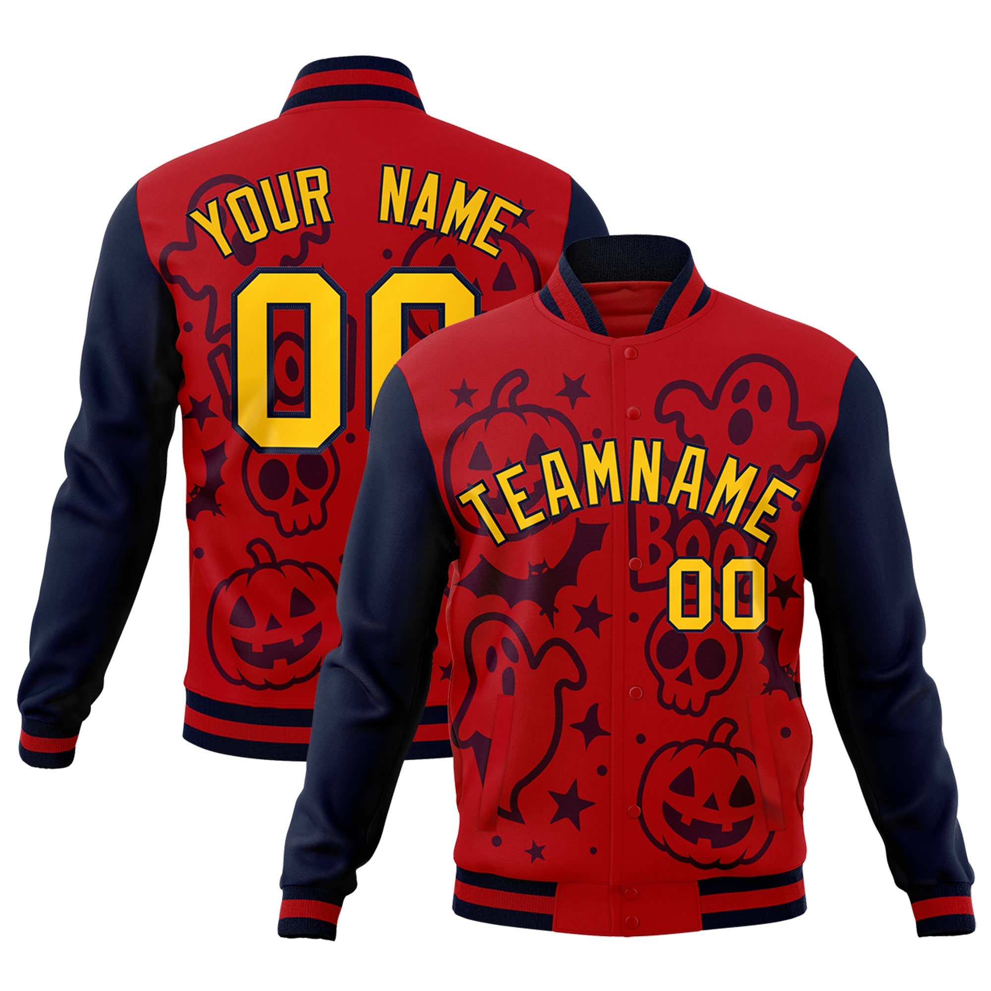 Custom Navy Red Gold Bats Pumpkins Ghost Patterns Halloween Letterman Jacket| KXKSHOP
