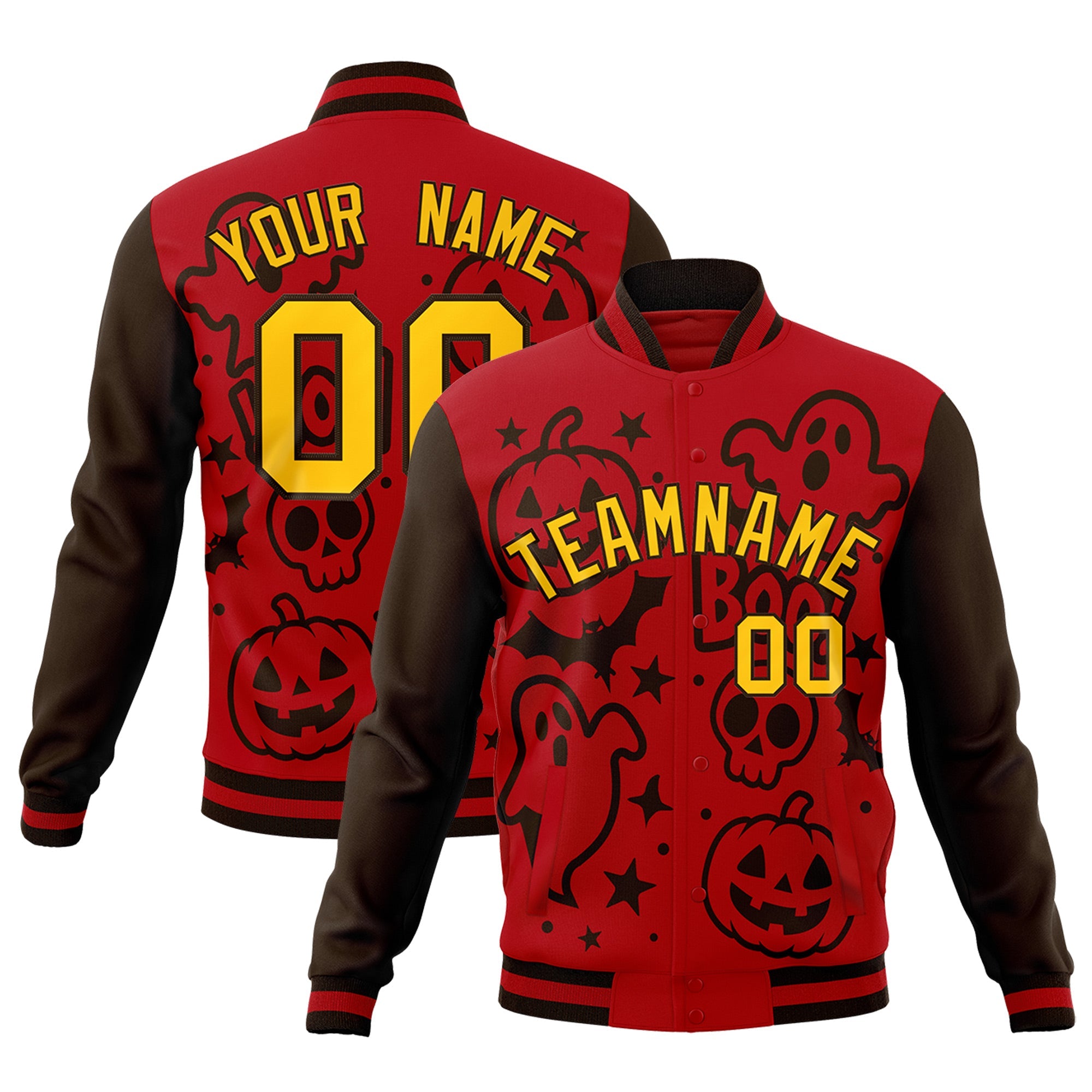 Custom Red Brown Gold Bats Pumpkins Ghost Patterns Halloween Letterman Jacket| KXKSHOP