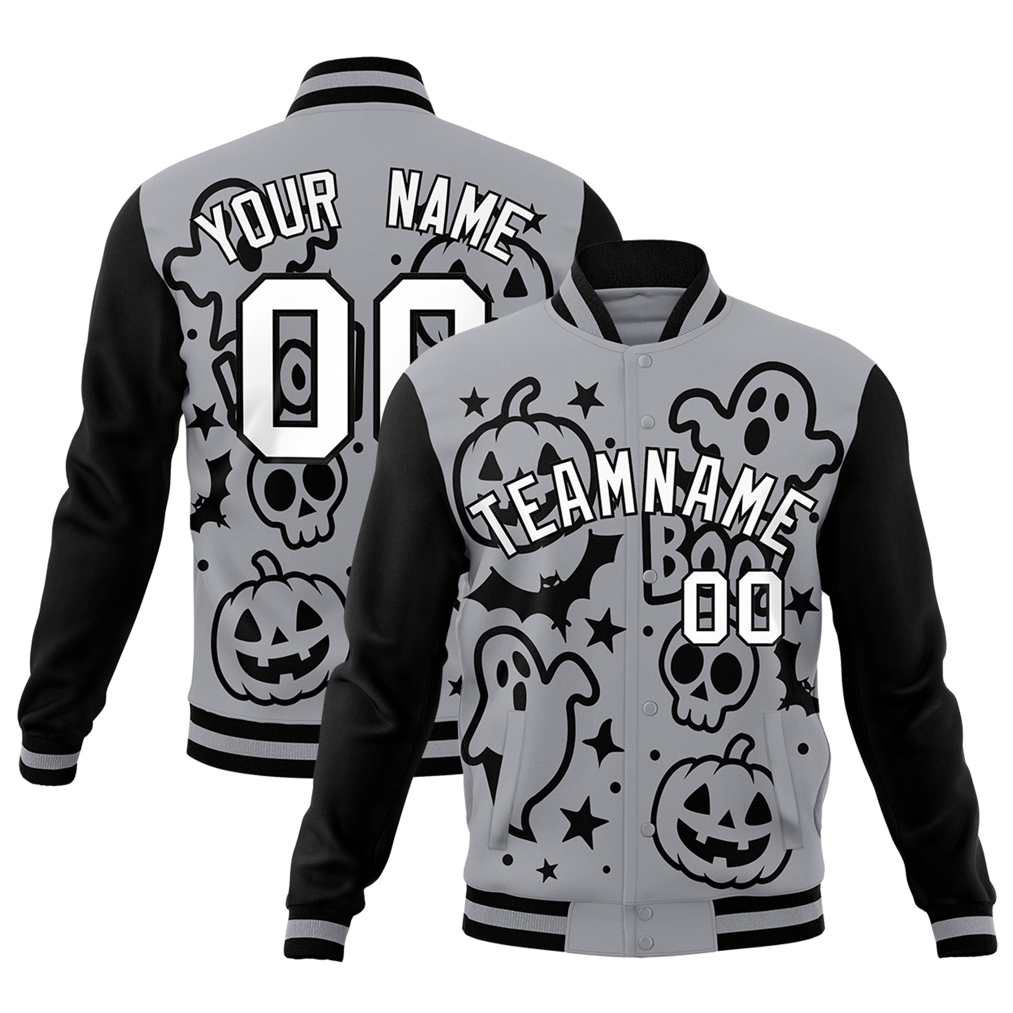 Custom Gray Black White Bats Pumpkins Ghost Patterns Halloween Letterman Jacket| KXKSHOP