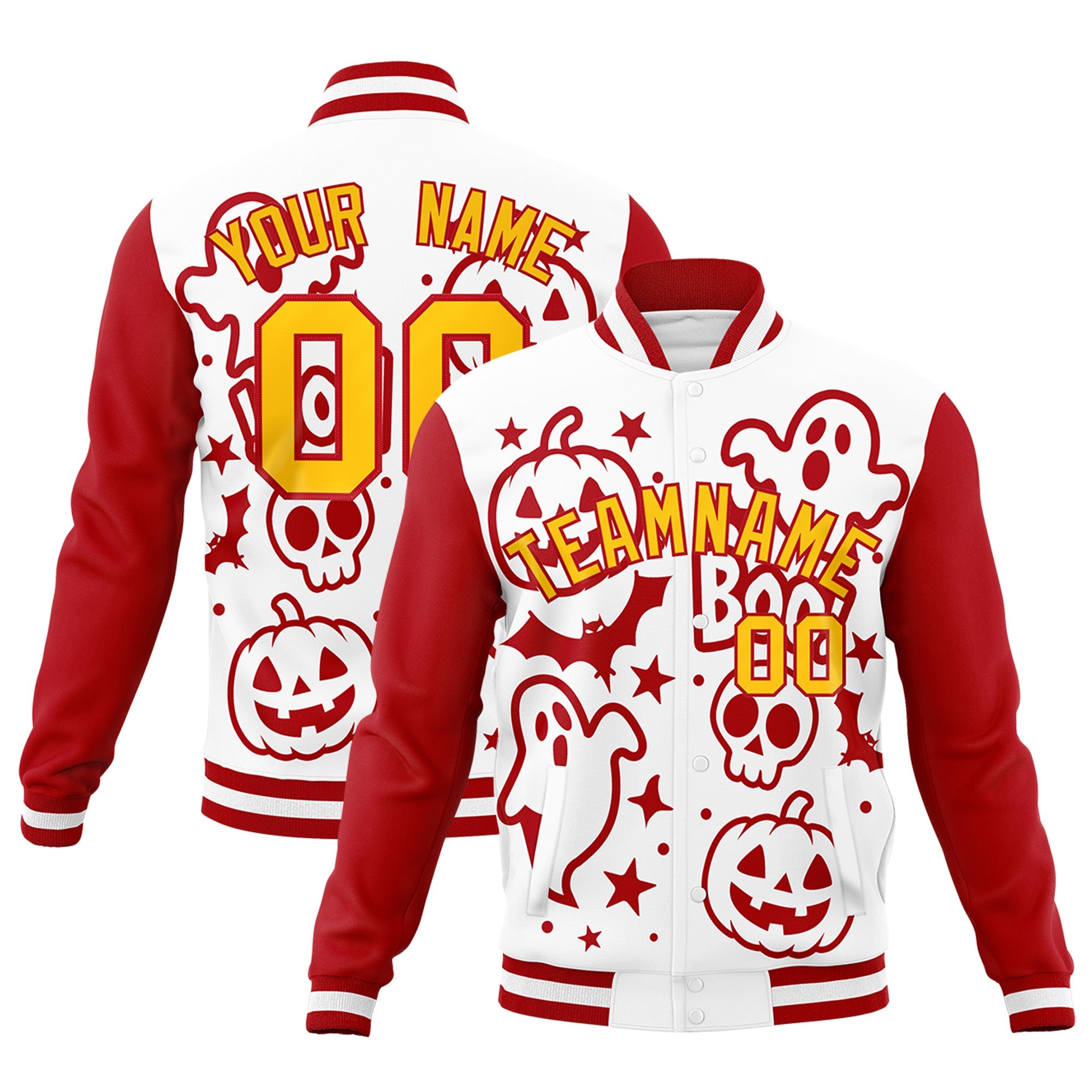 Custom White Red Gold Bats Pumpkins Ghost Patterns Halloween Letterman Jacket| KXKSHOP