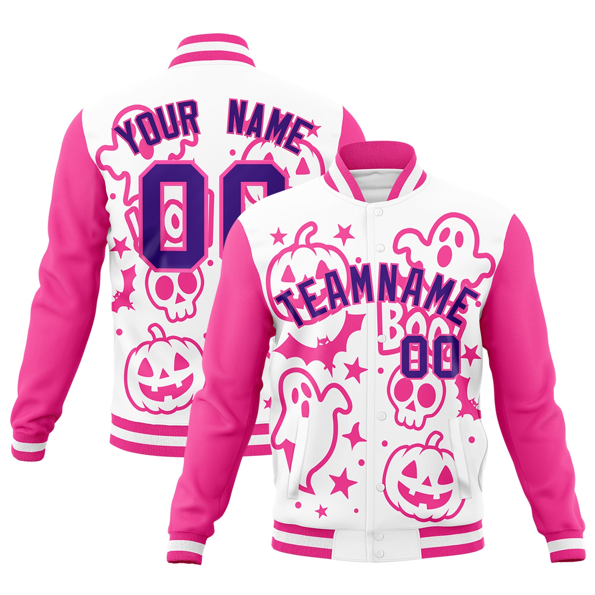 Custom White Pink Purple Bats Pumpkins Ghost Patterns Halloween Letterman Jacket| KXKSHOP