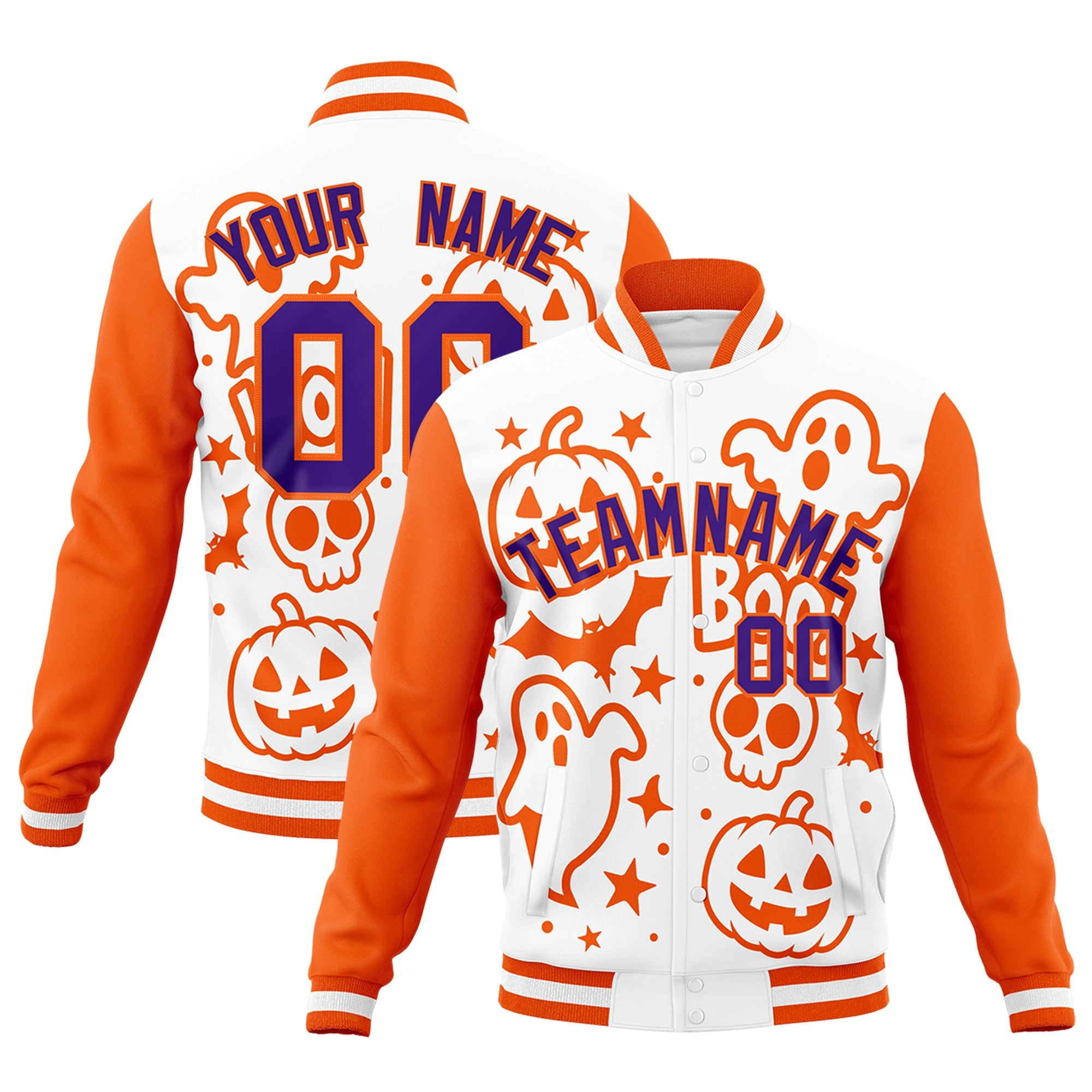Custom White Orange Purple Bats Pumpkins Ghost Patterns Halloween Letterman Jacket| KXKSHOP