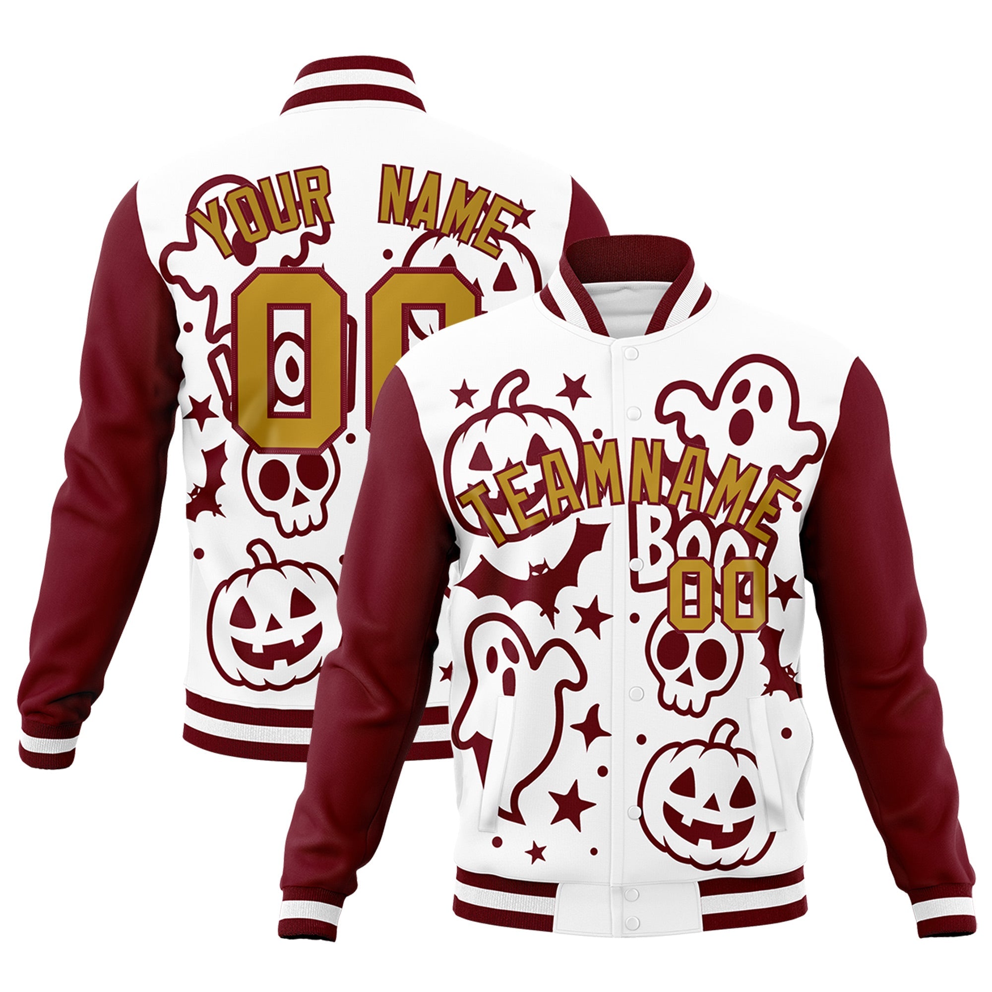 Custom White Crimson Old Gold Bats Pumpkins Ghost Patterns Halloween Letterman Jacket| KXKSHOP