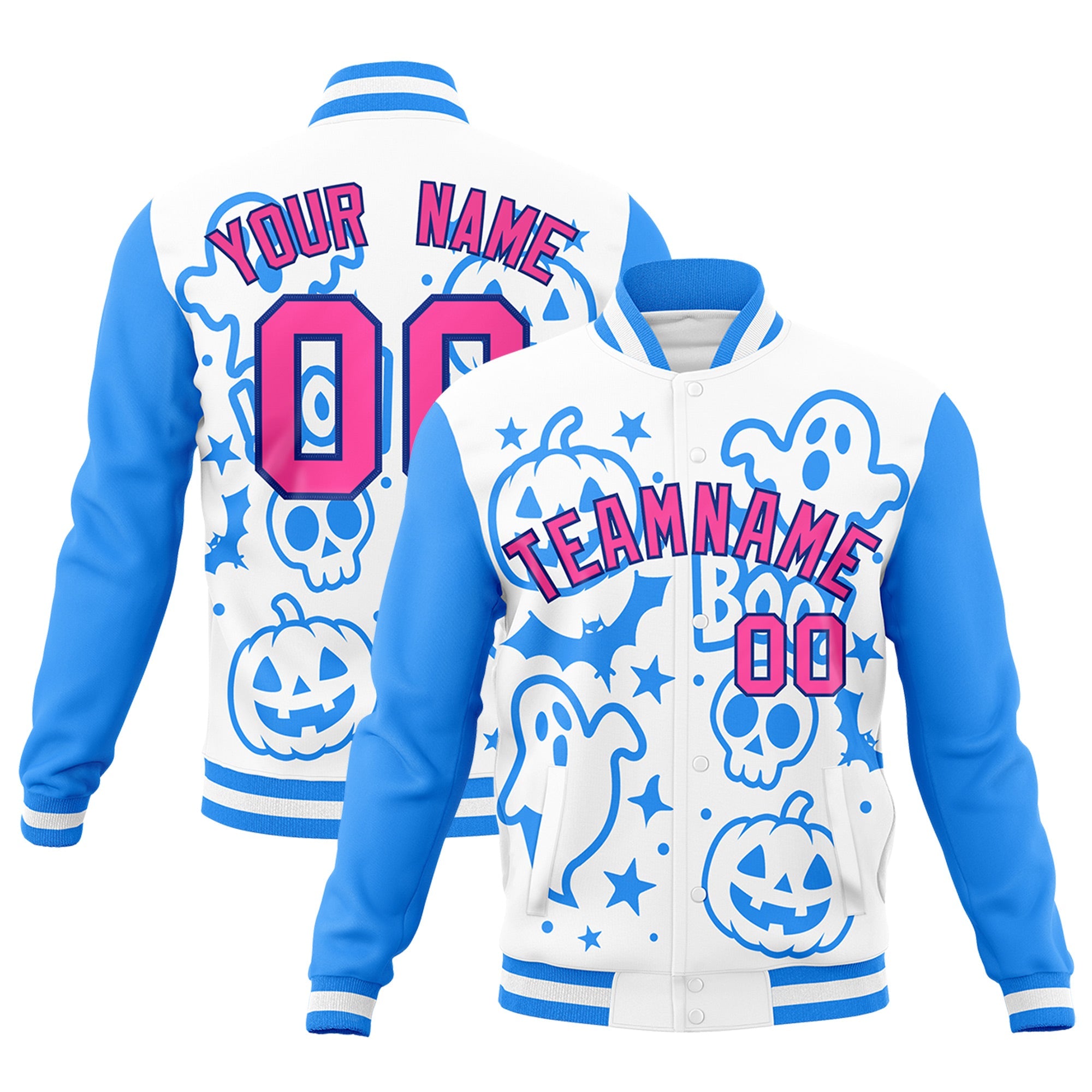 Custom White Powder Blue Pink Bats Pumpkins Ghost Patterns Halloween Letterman Jacket| KXKSHOP