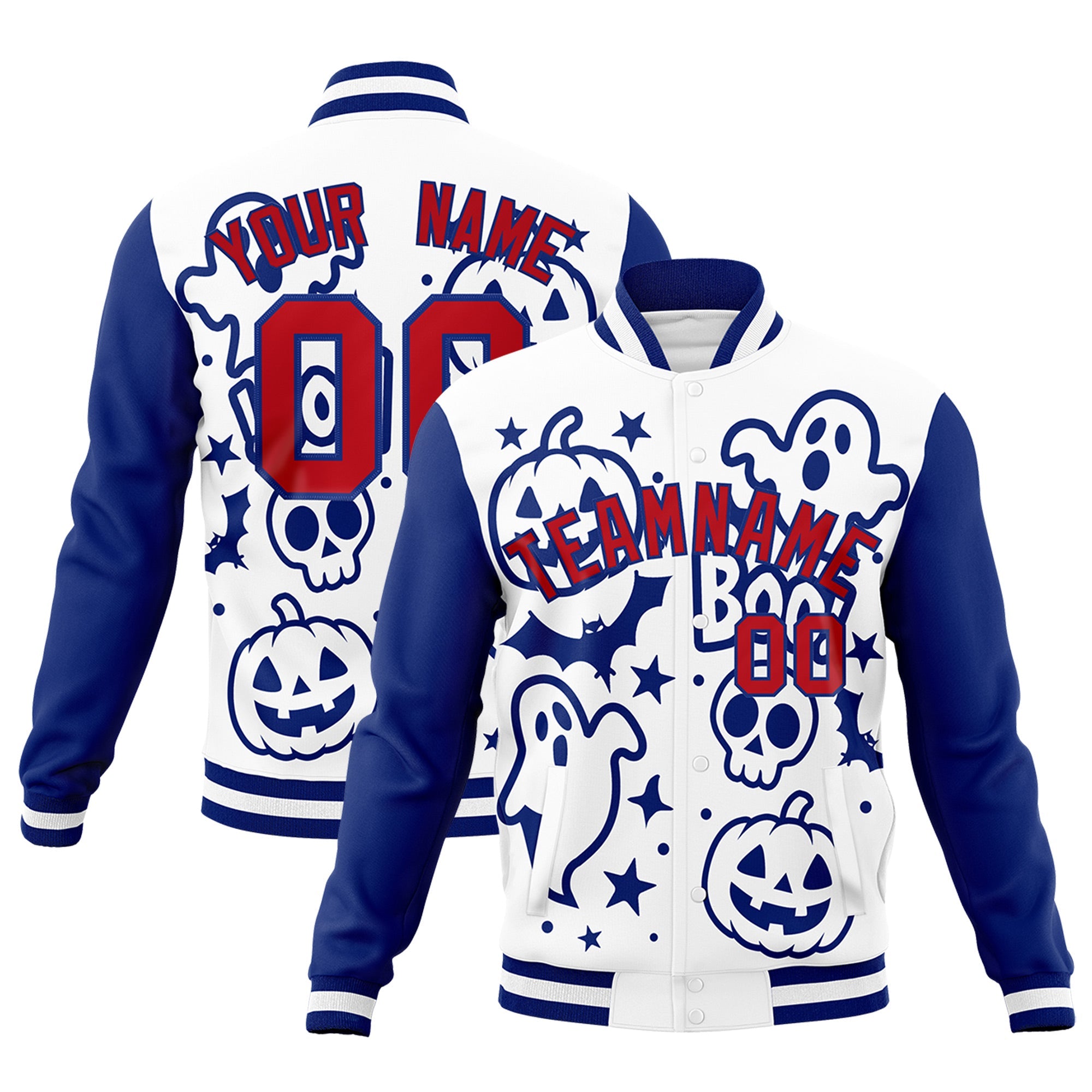 Custom Royal Blue White Red Bats Pumpkins Ghost Patterns Halloween Letterman Jacket| KXKSHOP