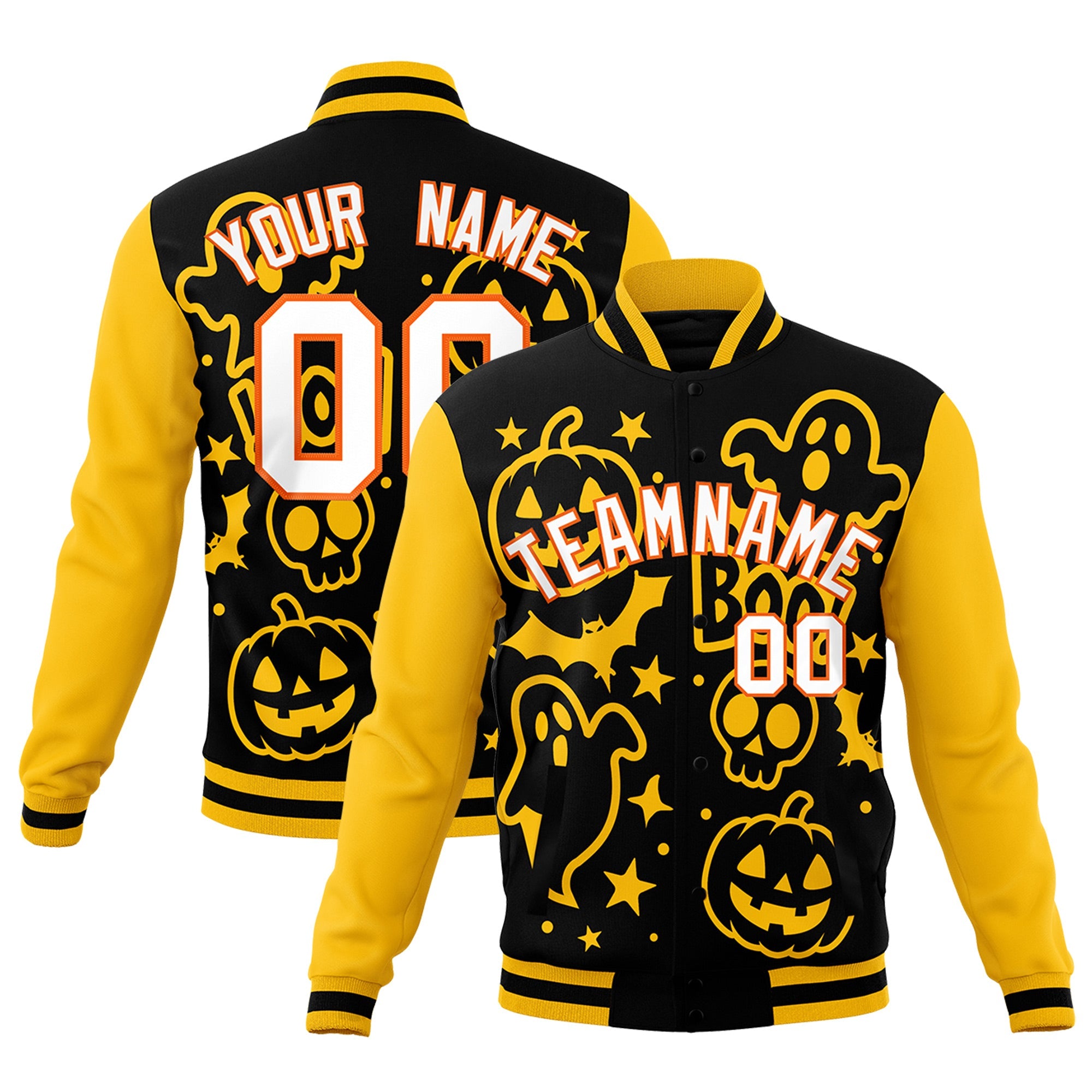 Custom Gold Black White Bats Pumpkins Ghost Patterns Halloween Letterman Jacket| KXKSHOP