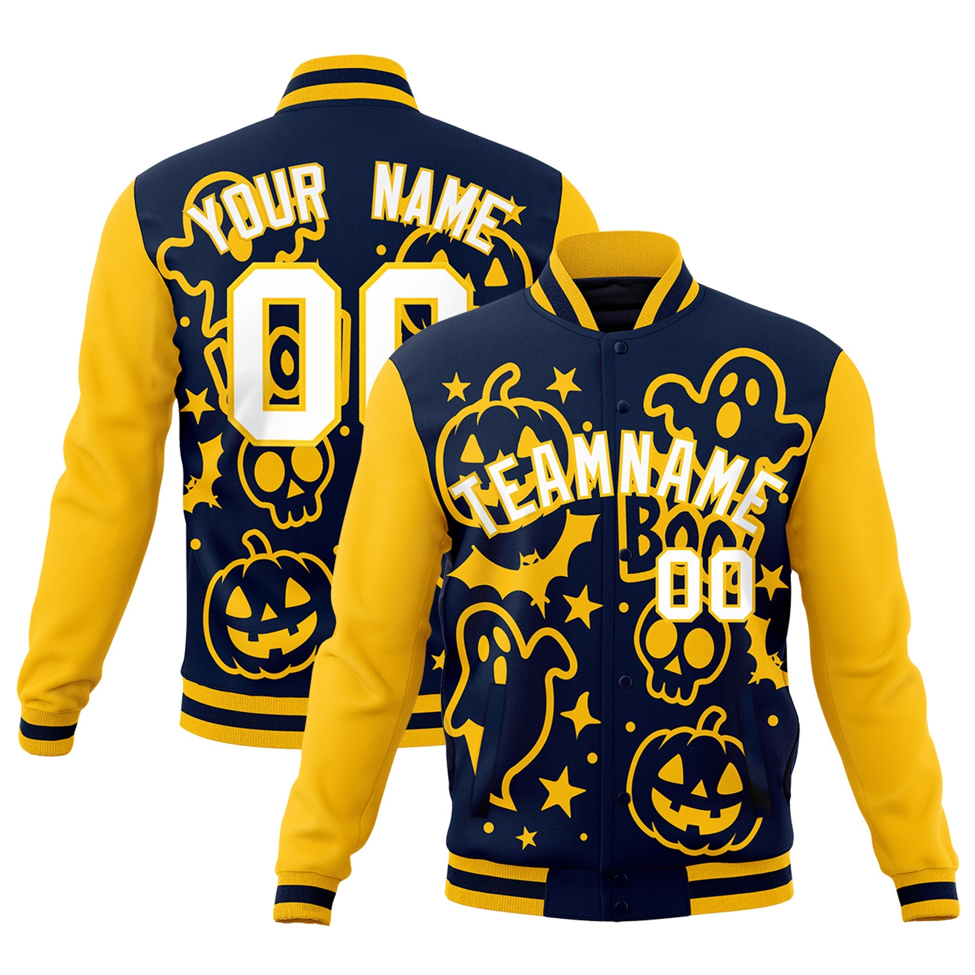 Custom Gold Navy White Bats Pumpkins Ghost Patterns Halloween Letterman Jacket| KXKSHOP