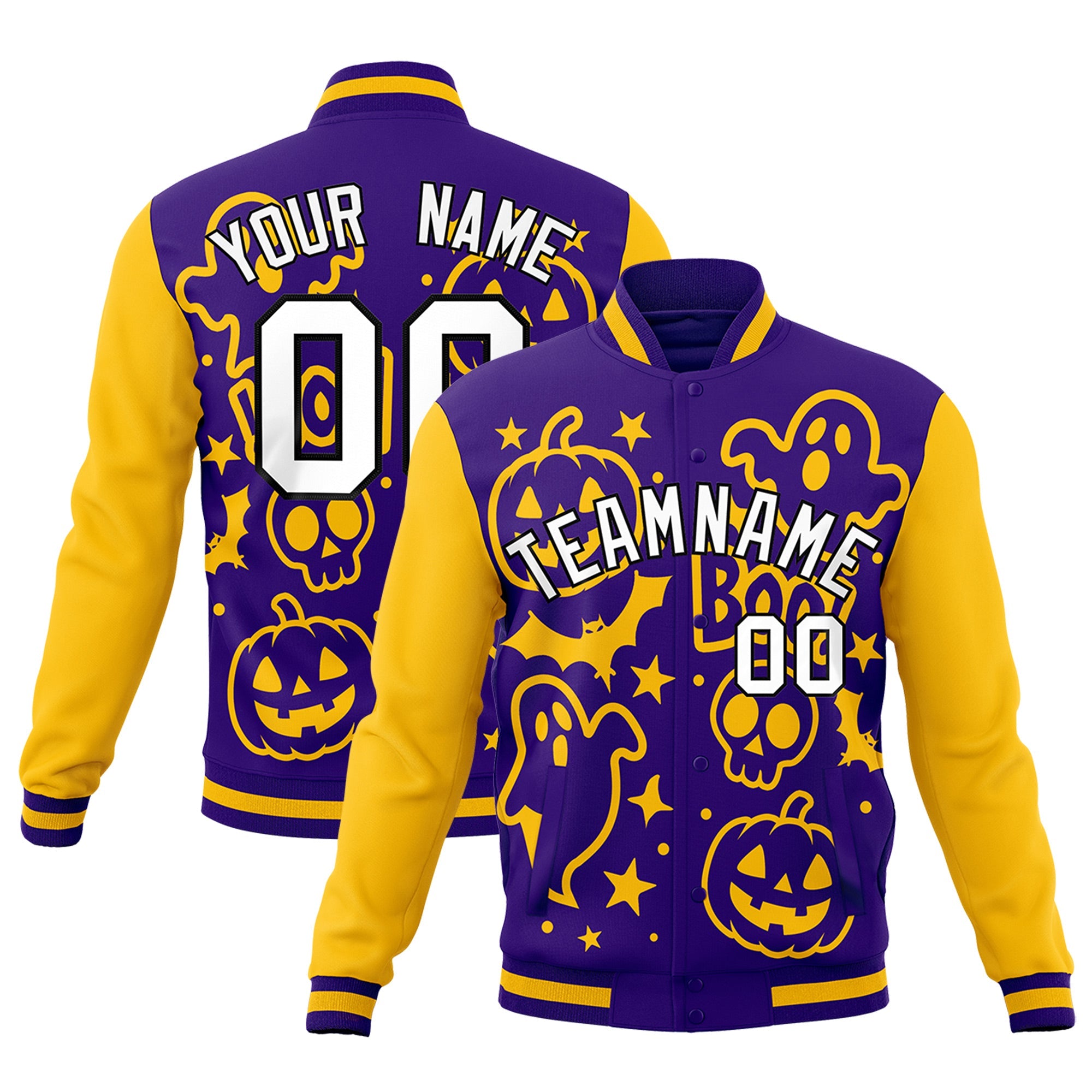 Custom Purple Gold White Bats Pumpkins Ghost Patterns Halloween Letterman Jacket| KXKSHOP