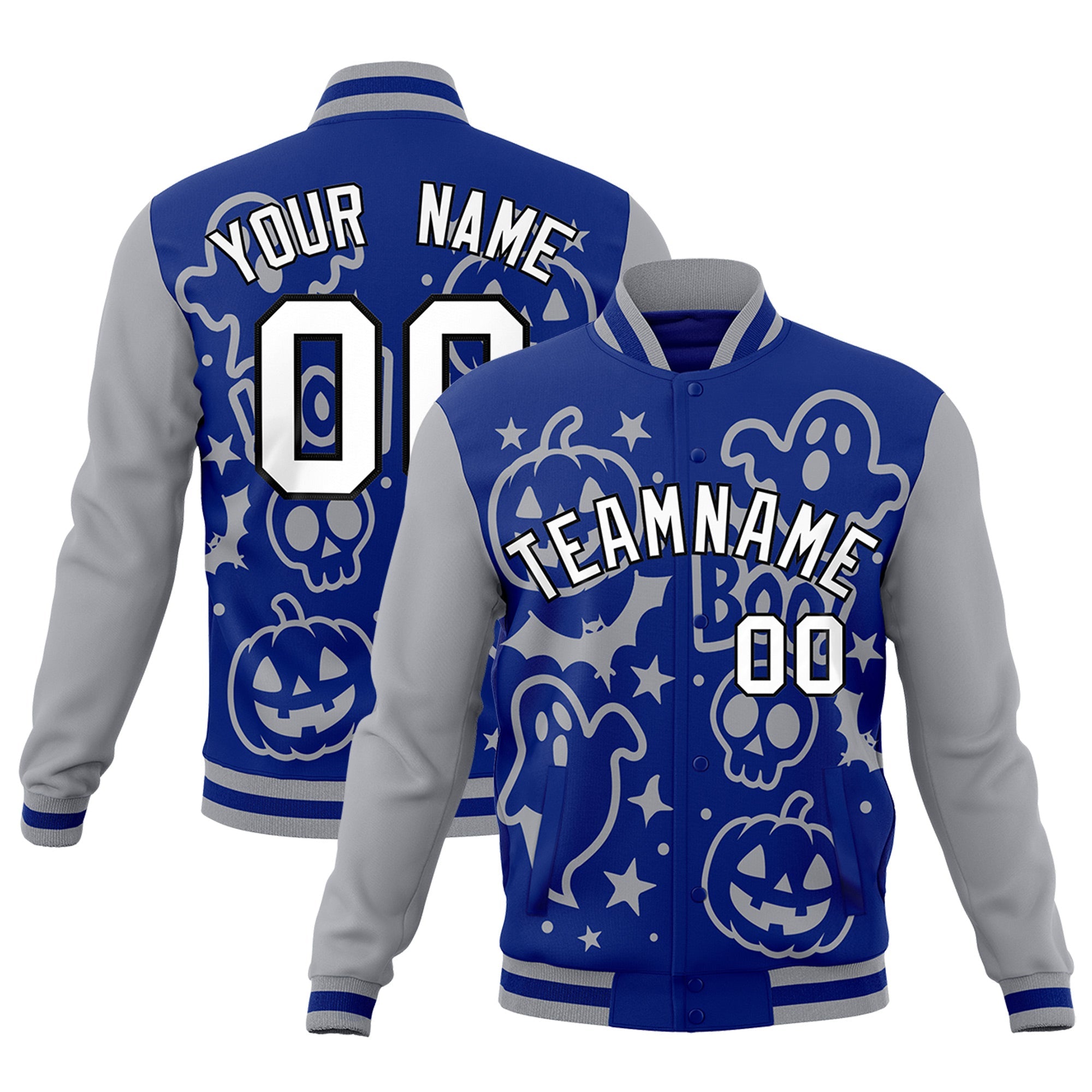 Custom Gray Royal Blue White Bats Pumpkins Ghost Patterns Halloween Letterman Jacket| KXKSHOP