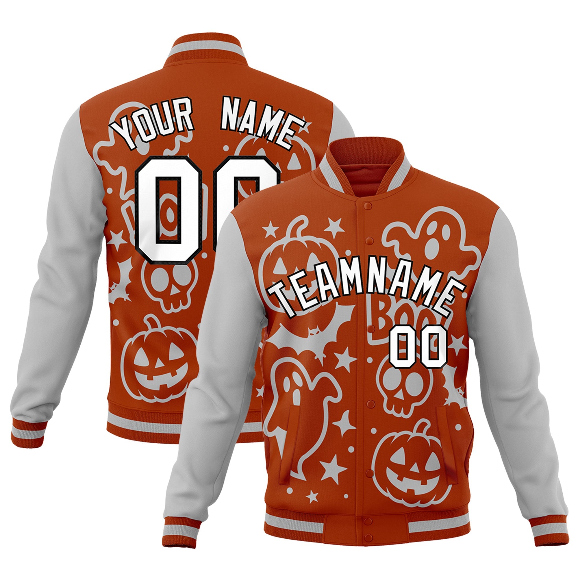 Custom Dark Orange Gray White Bats Pumpkins Ghost Patterns Halloween Letterman Jacket| KXKSHOP