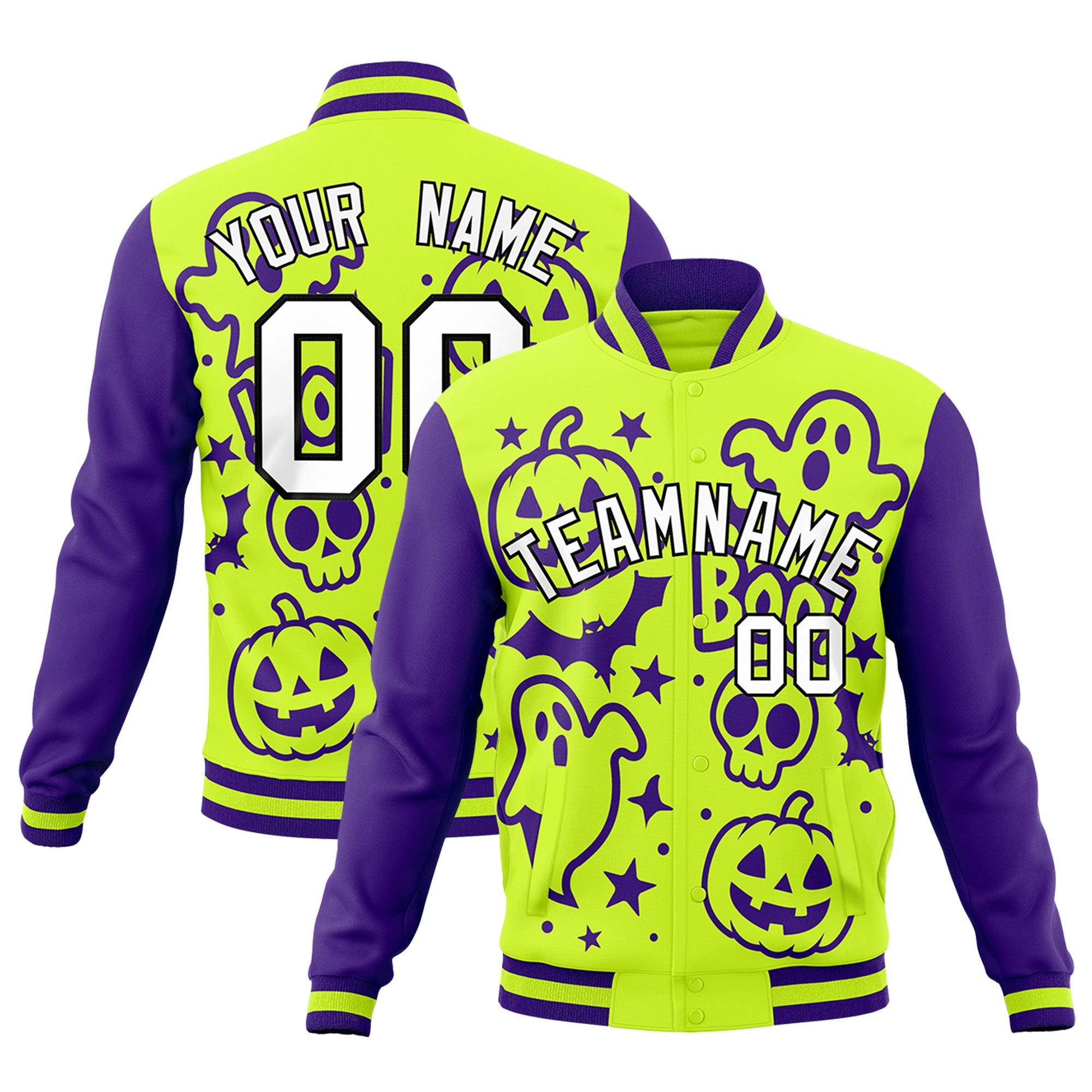 Custom Purple Neon Green White Bats Pumpkins Ghost Patterns Halloween Letterman Jacket| KXKSHOP