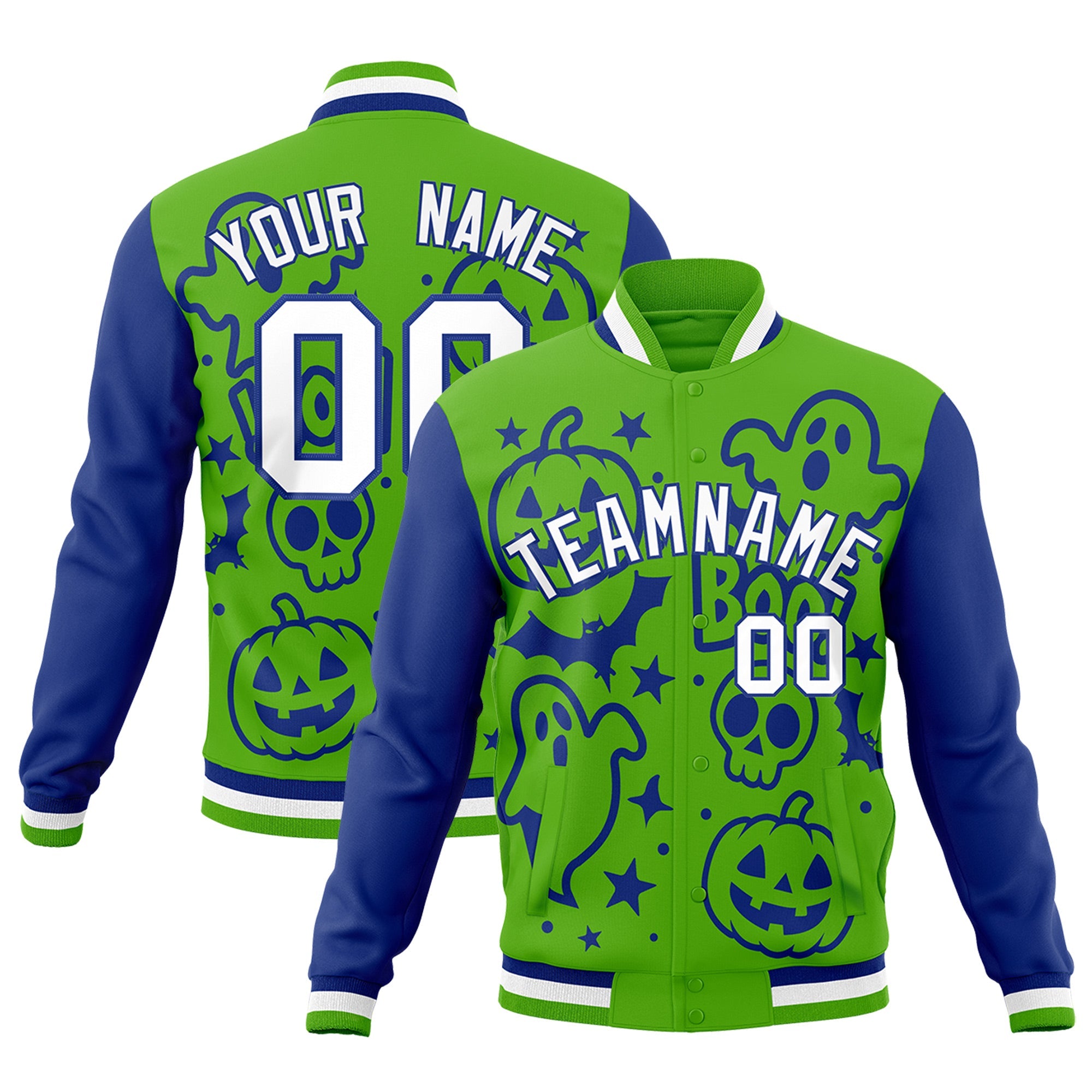 Custom Green Royal Blue White Bats Pumpkins Ghost Patterns Halloween Letterman Jacket| KXKSHOP