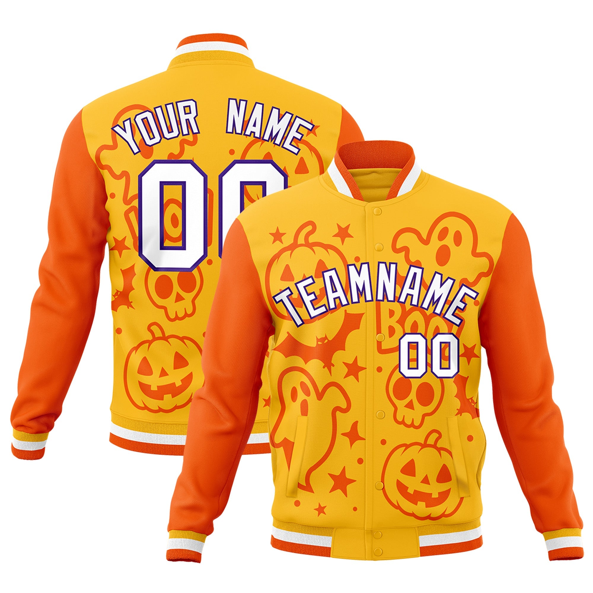 Custom Yellow Orange Gold Bats Pumpkins Ghost Patterns Halloween Letterman Jacket| KXKSHOP