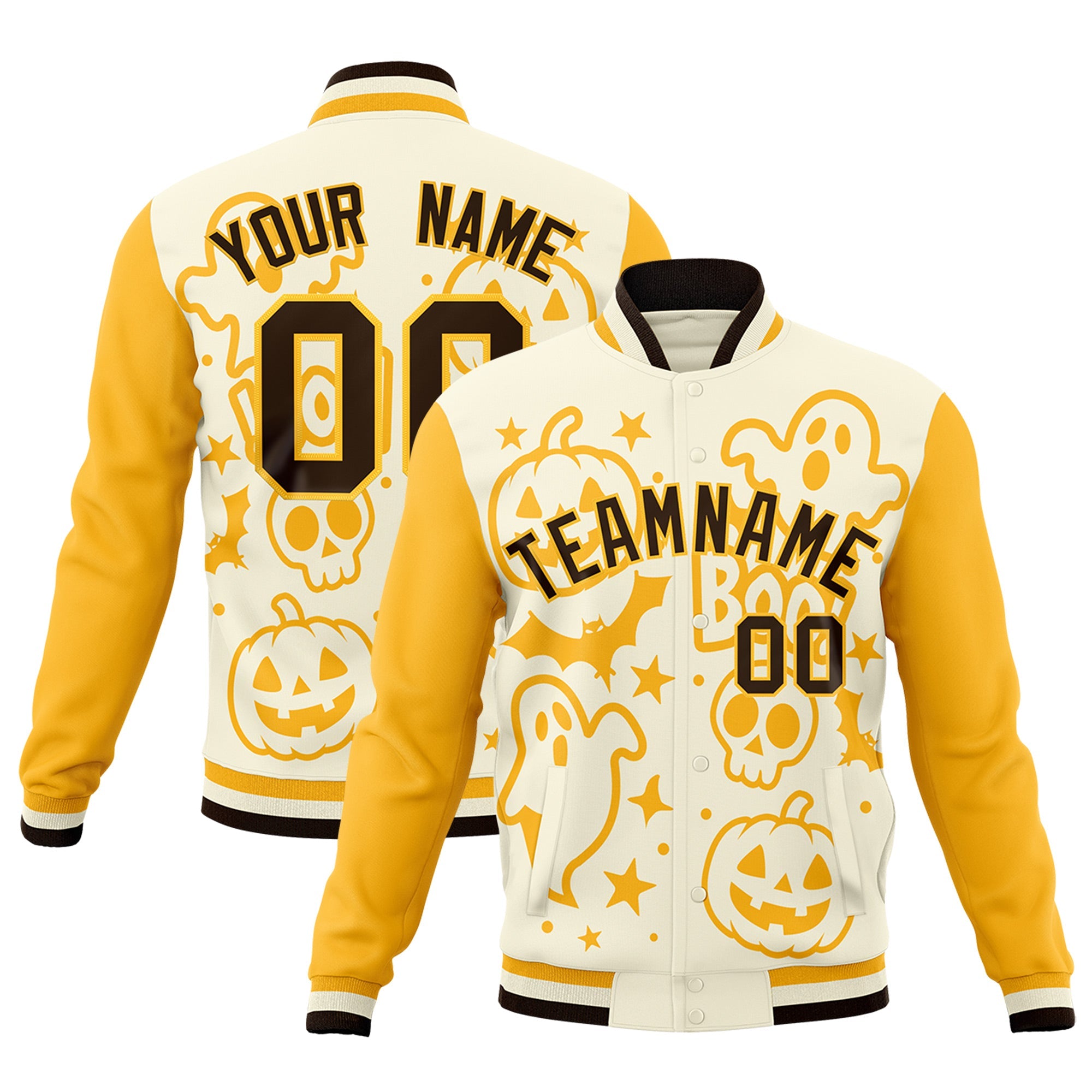 Custom Yellow Cream Gold Bats Pumpkins Ghost Patterns Halloween Letterman Jacket| KXKSHOP